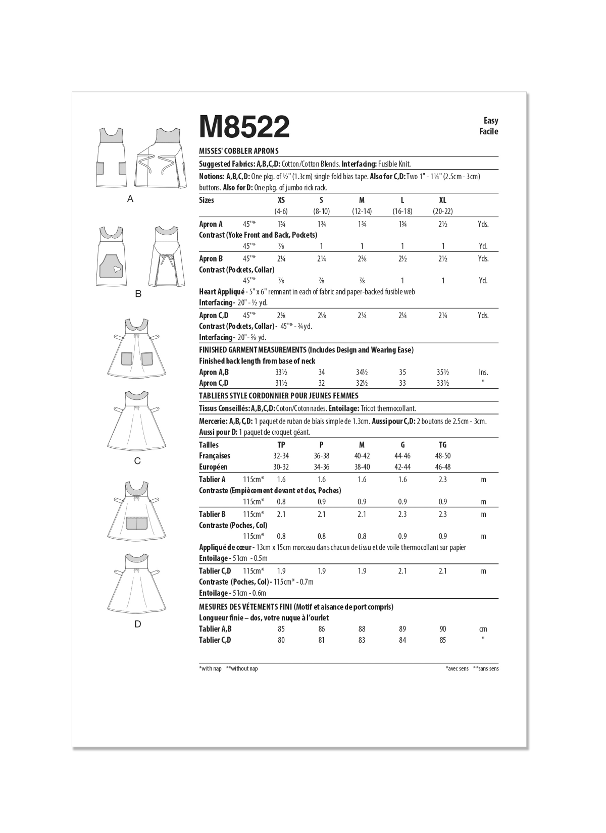 McCall's Sewing Pattern M8522 Misses' Cobbler Aprons