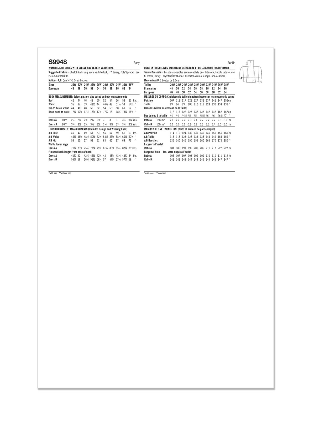 Simplicity Sewing Pattern S9948 Women's Knit Dress with Sleeve and Length Variations