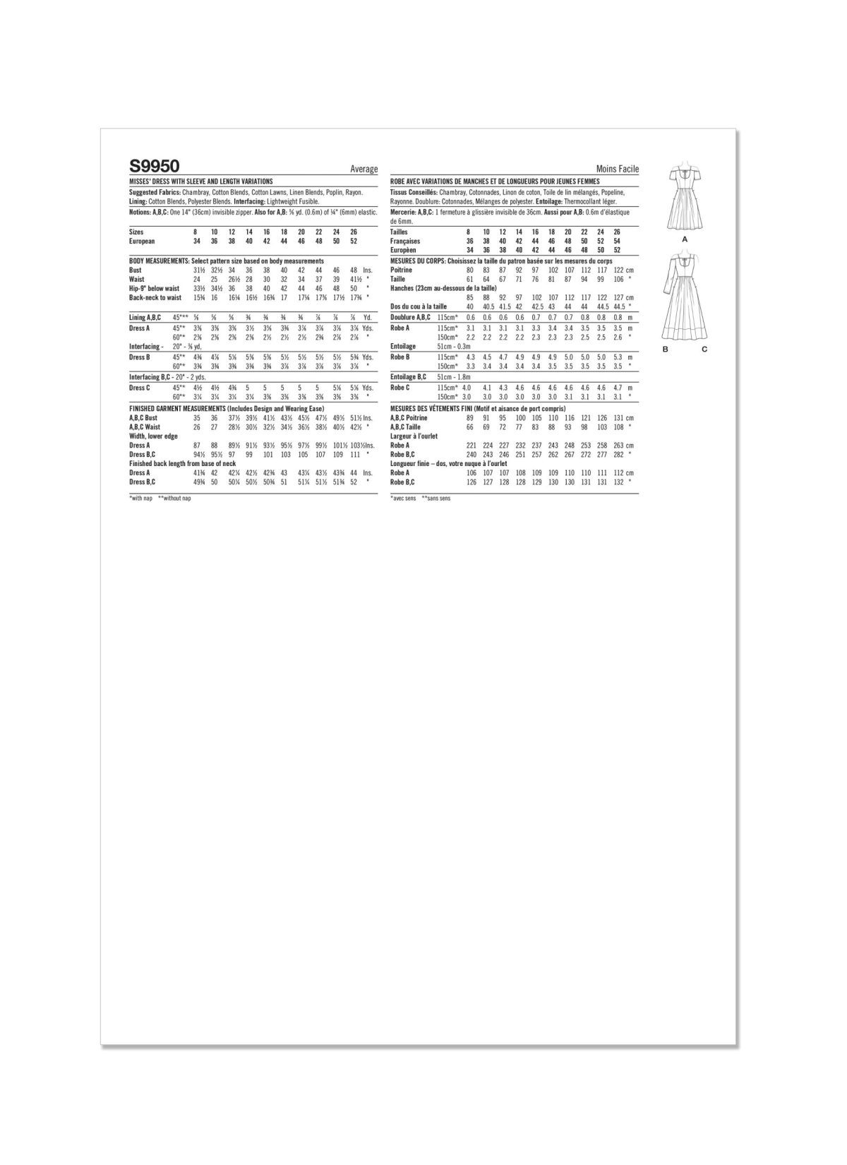 Simplicity Sewing Pattern S9950 Misses' Dress with Sleeve and Length Variations