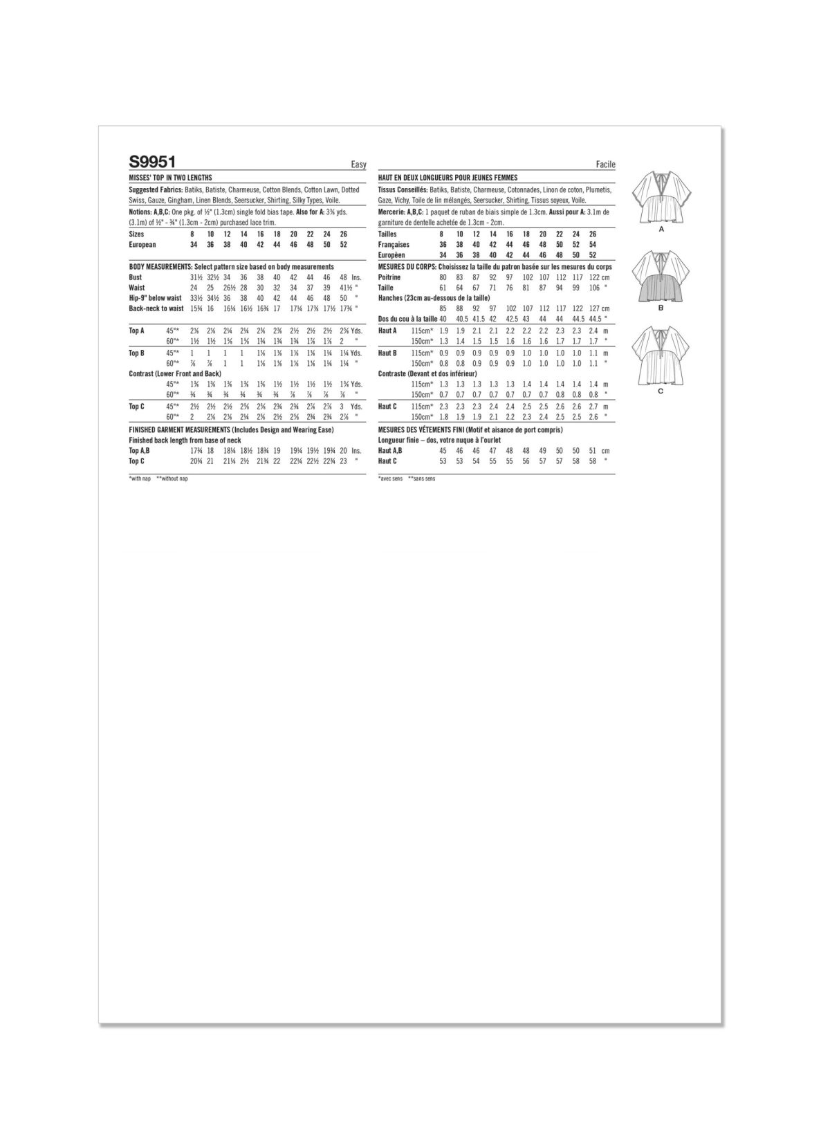 Simplicity Sewing Pattern S9951 Misses' Top In Two Lengths