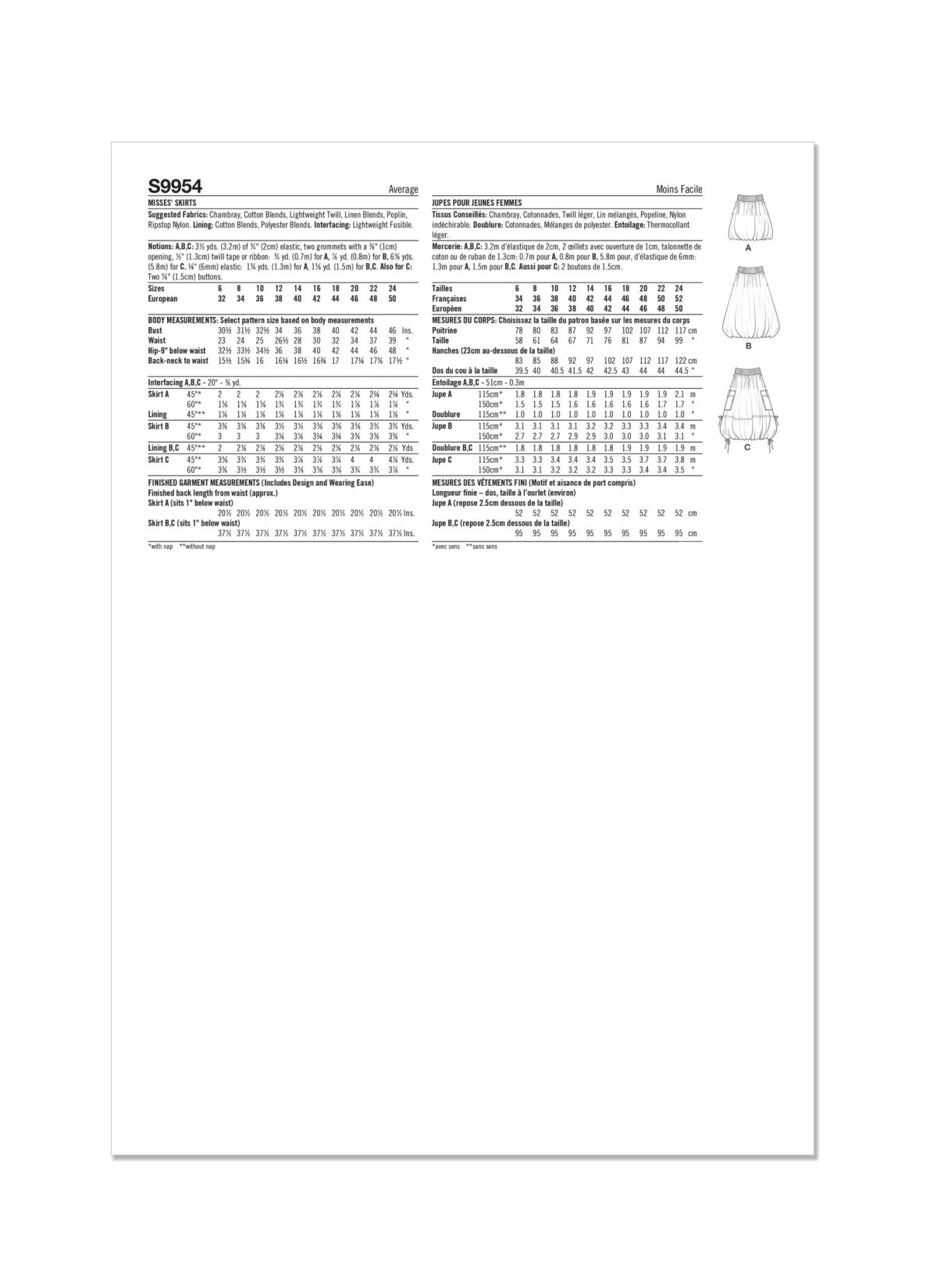 Simplicity Sewing Pattern S9954 Misses' Skirts