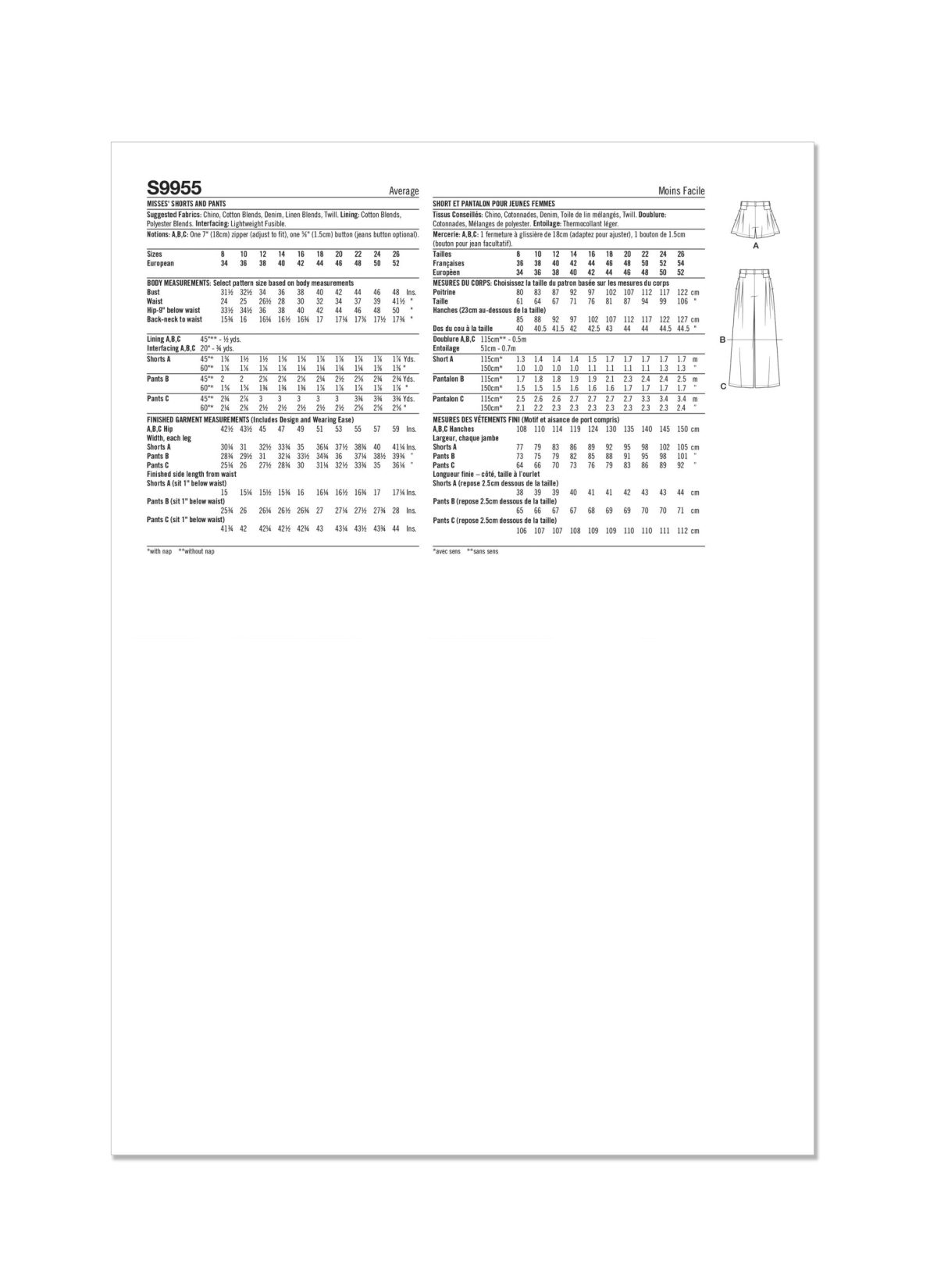 Simplicity Sewing Pattern S9955 Misses' Shorts and trousers