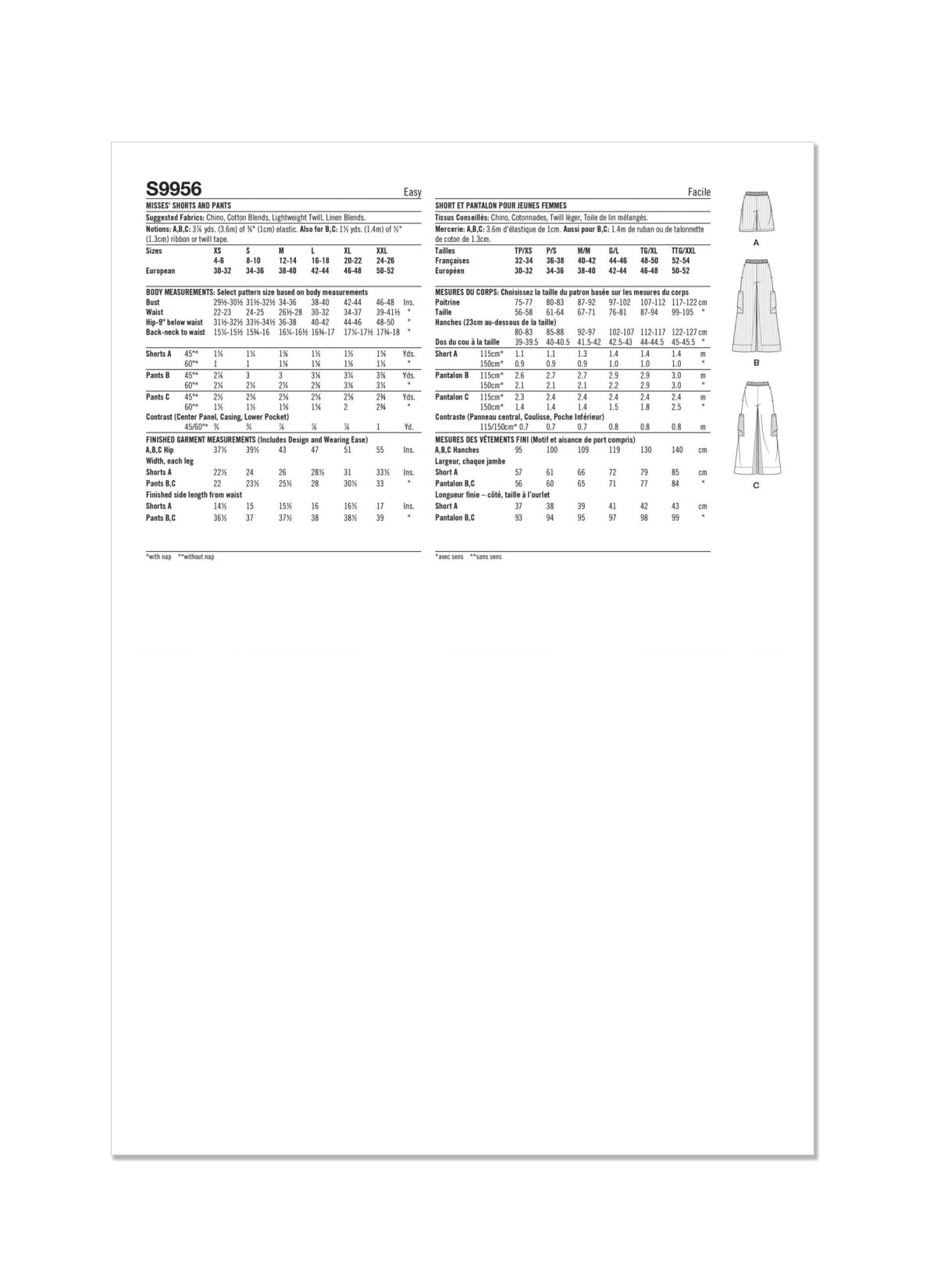 Simplicity Sewing Pattern S9956 Misses' Shorts and trousers
