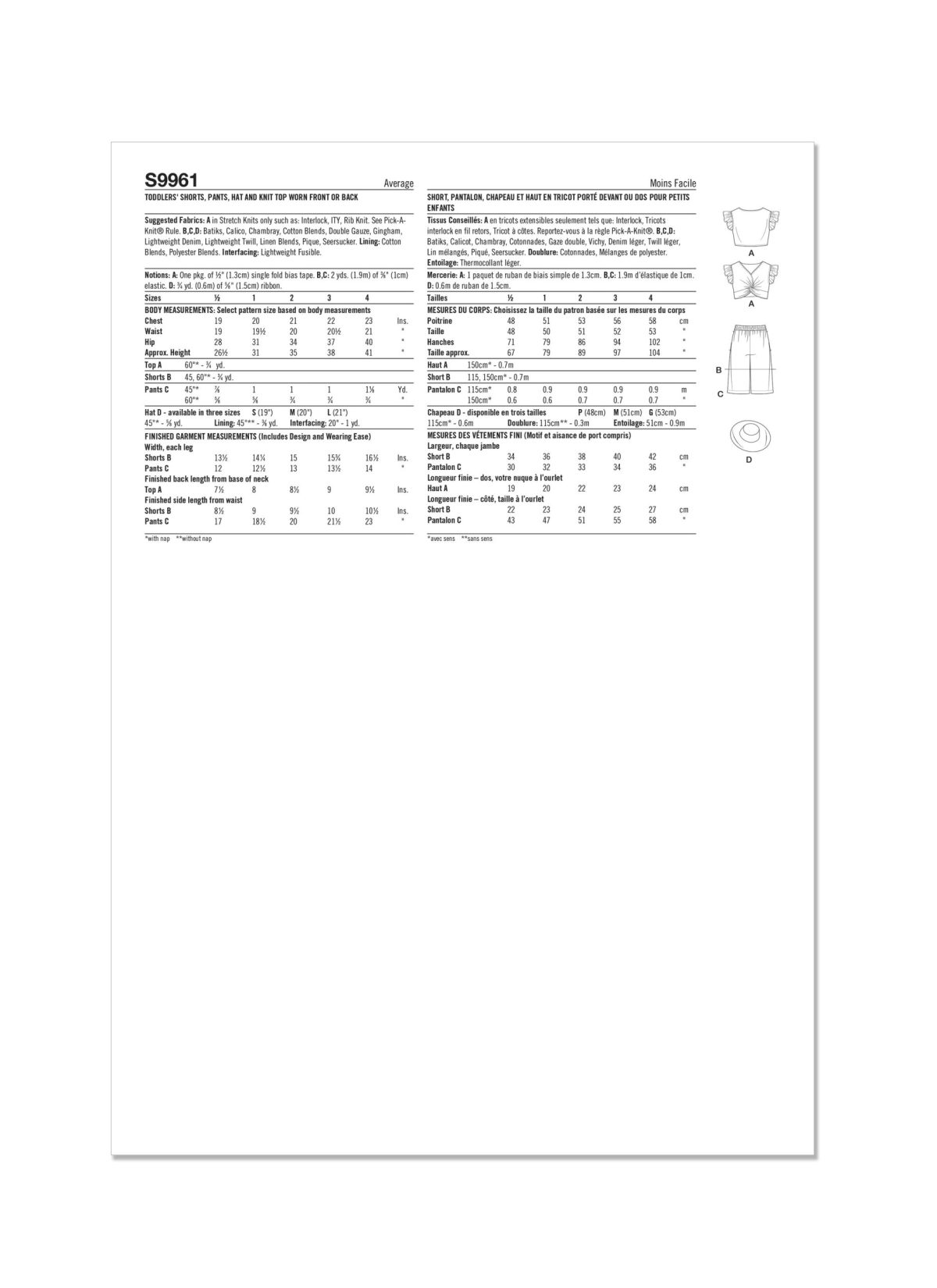 Simplicity Sewing Pattern S9961 Toddlers' Shorts, trousers, Hat and Knit Top Worn Front or Back
