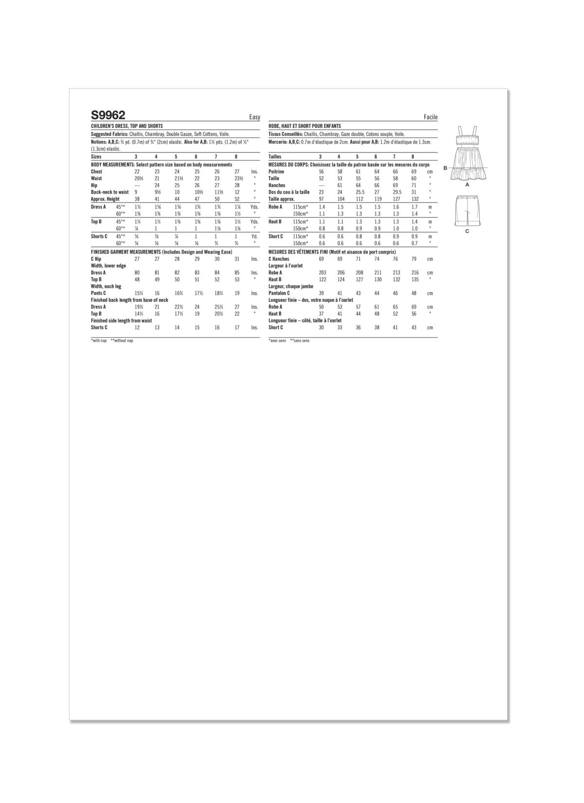 Simplicity Sewing Pattern S9962 Children's Dress, Top and Shorts