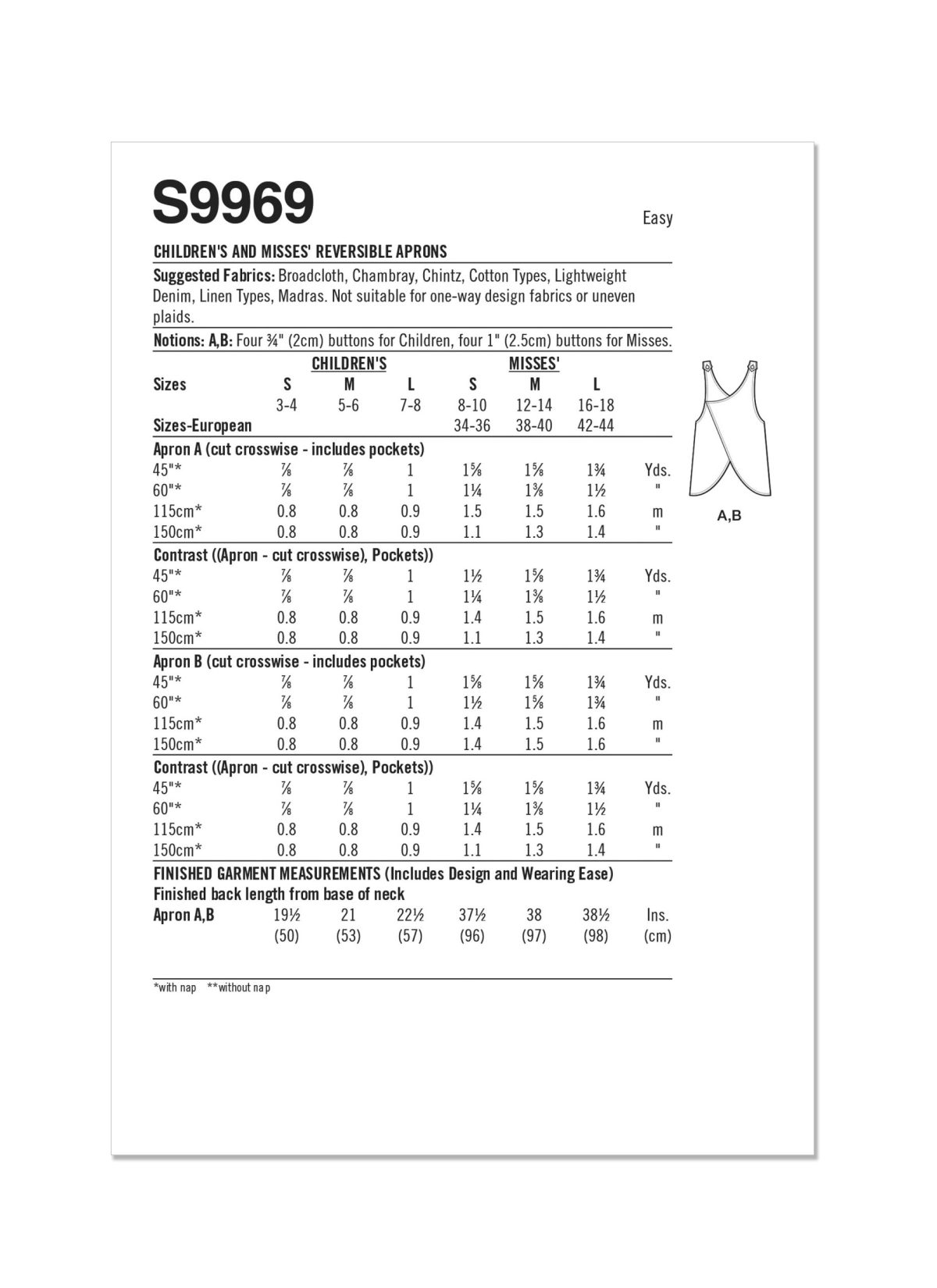 Simplicity Sewing Pattern S9969 Children's and Misses' Reversible Aprons