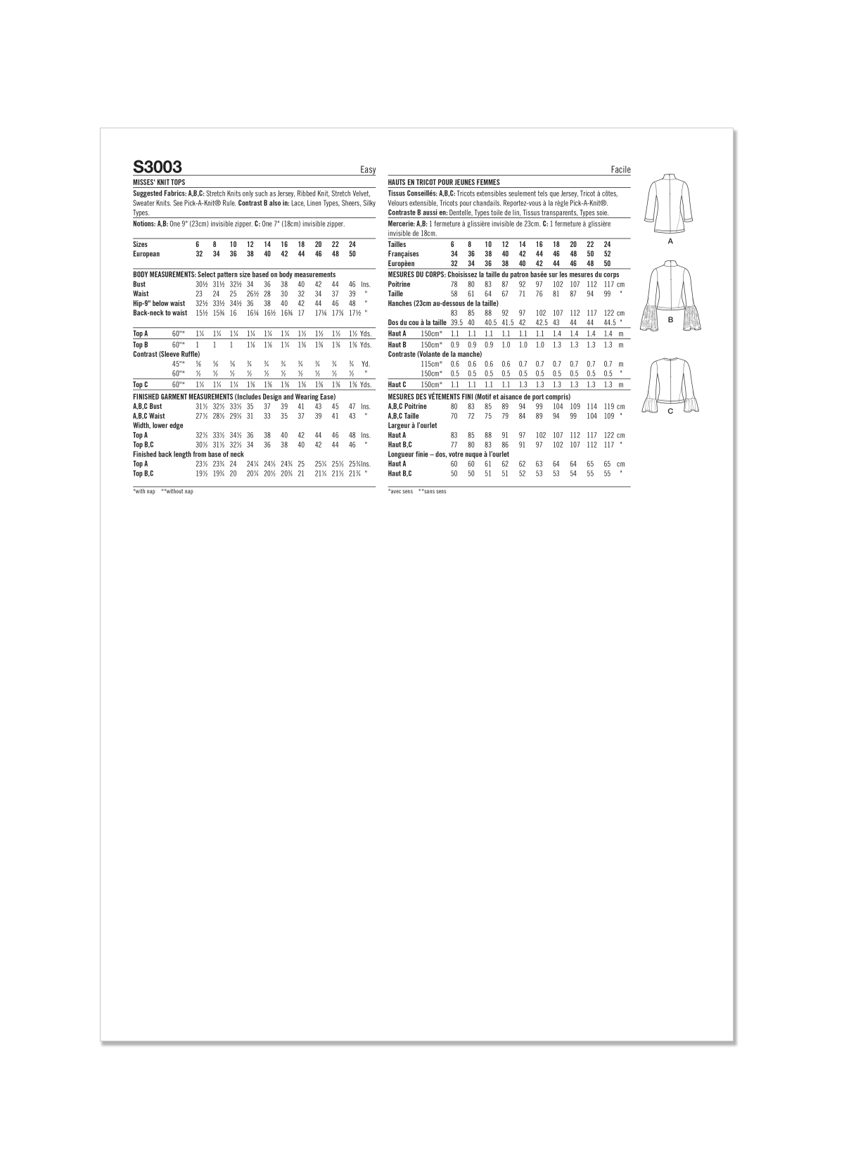 Simplicity Sewing Pattern S3003 Misses' Knit Tops