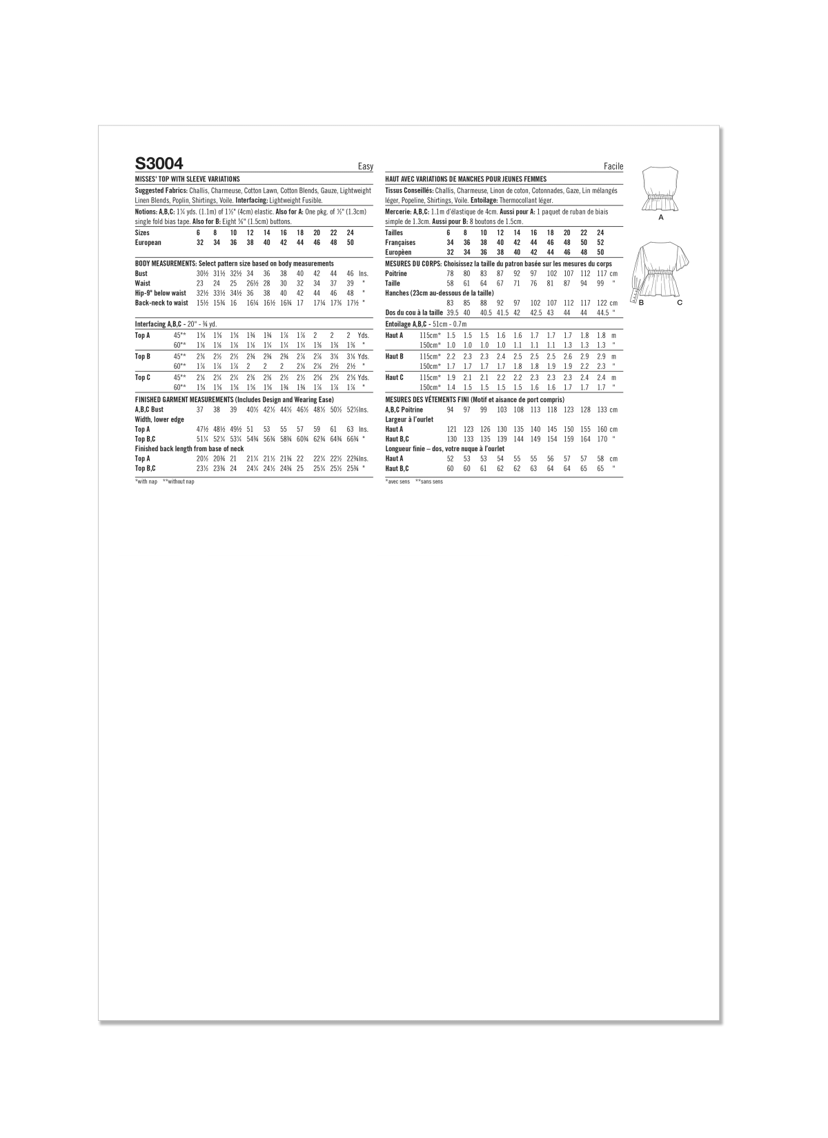 Simplicity Sewing Pattern S3004 Misses' Top with Sleeve Variations