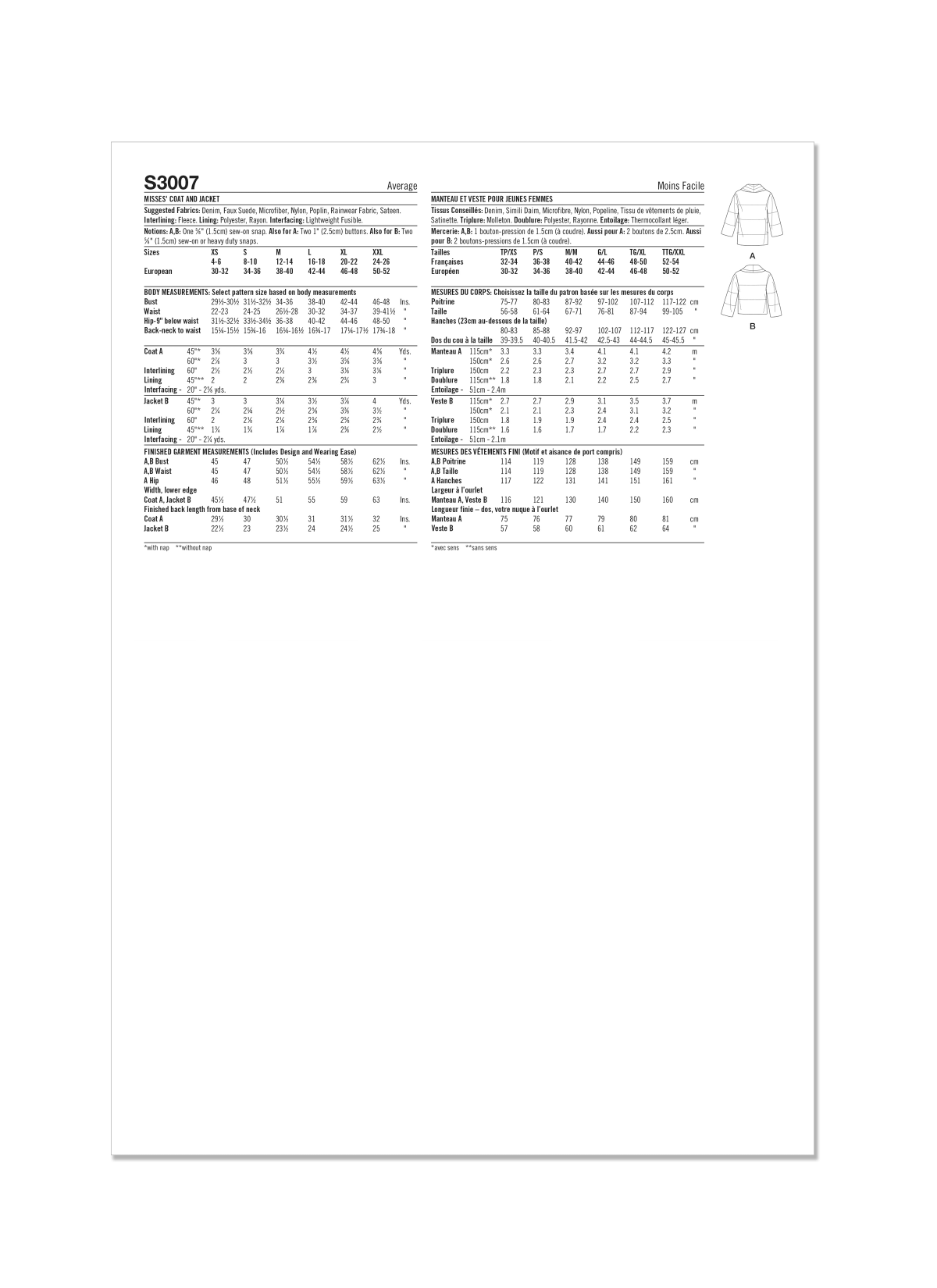 Simplicity Sewing Pattern S3007 Misses' Coat and Jacket