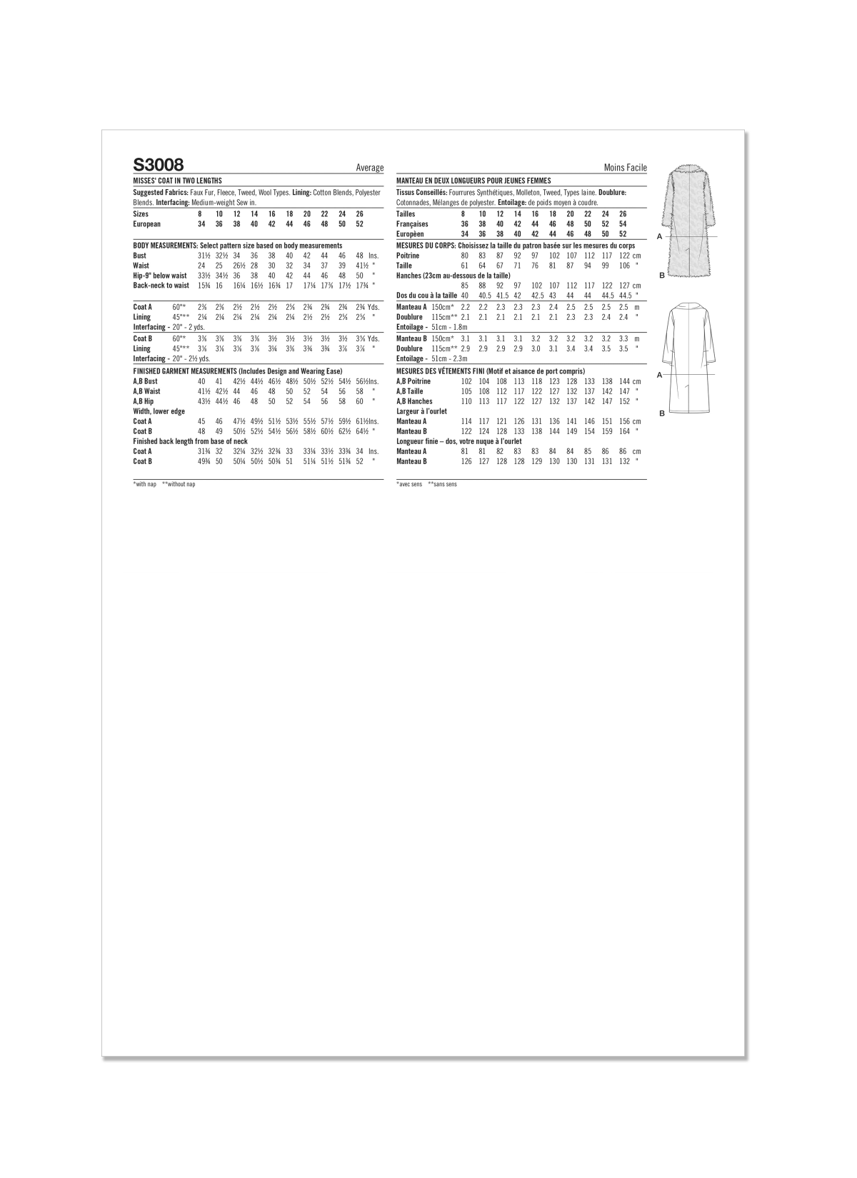 Simplicity Sewing Pattern S3008 Misses' Coat In Two Lengths