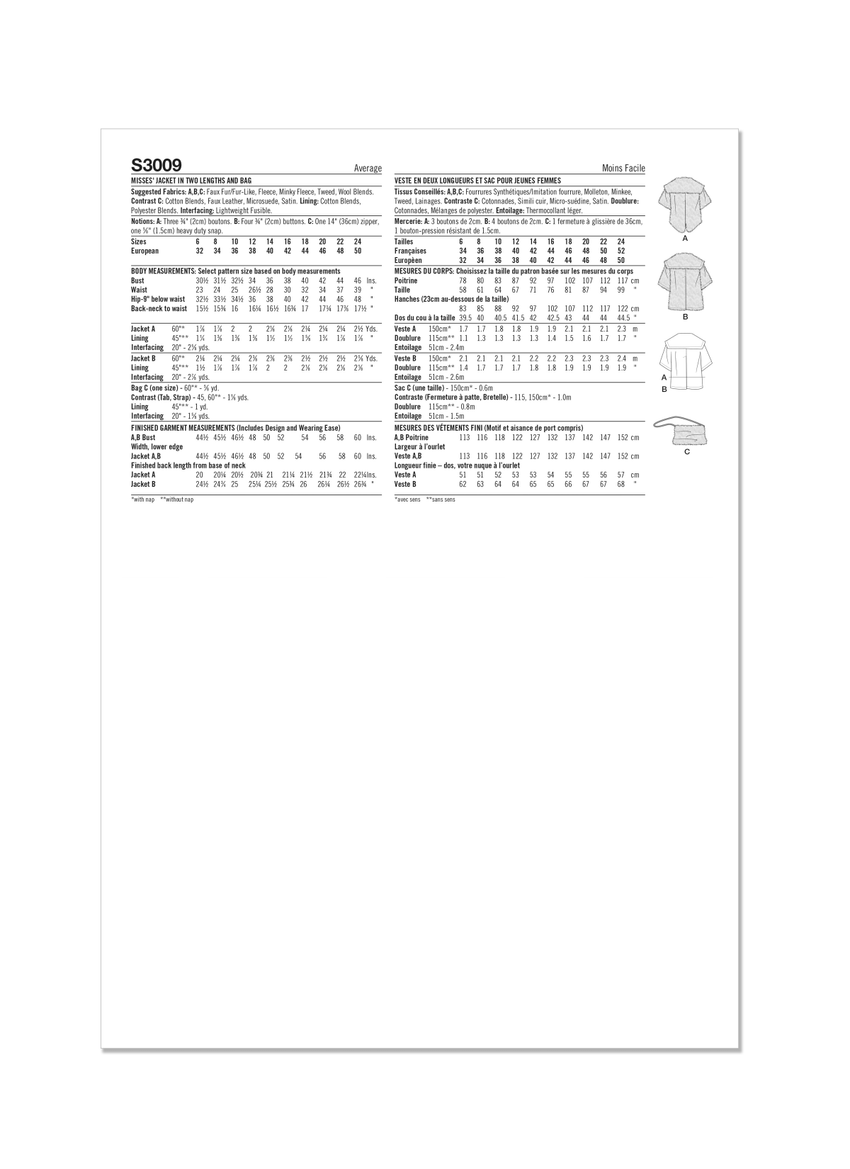 Simplicity Sewing Pattern S3009 Misses' Jacket In Two Lengths and Bag