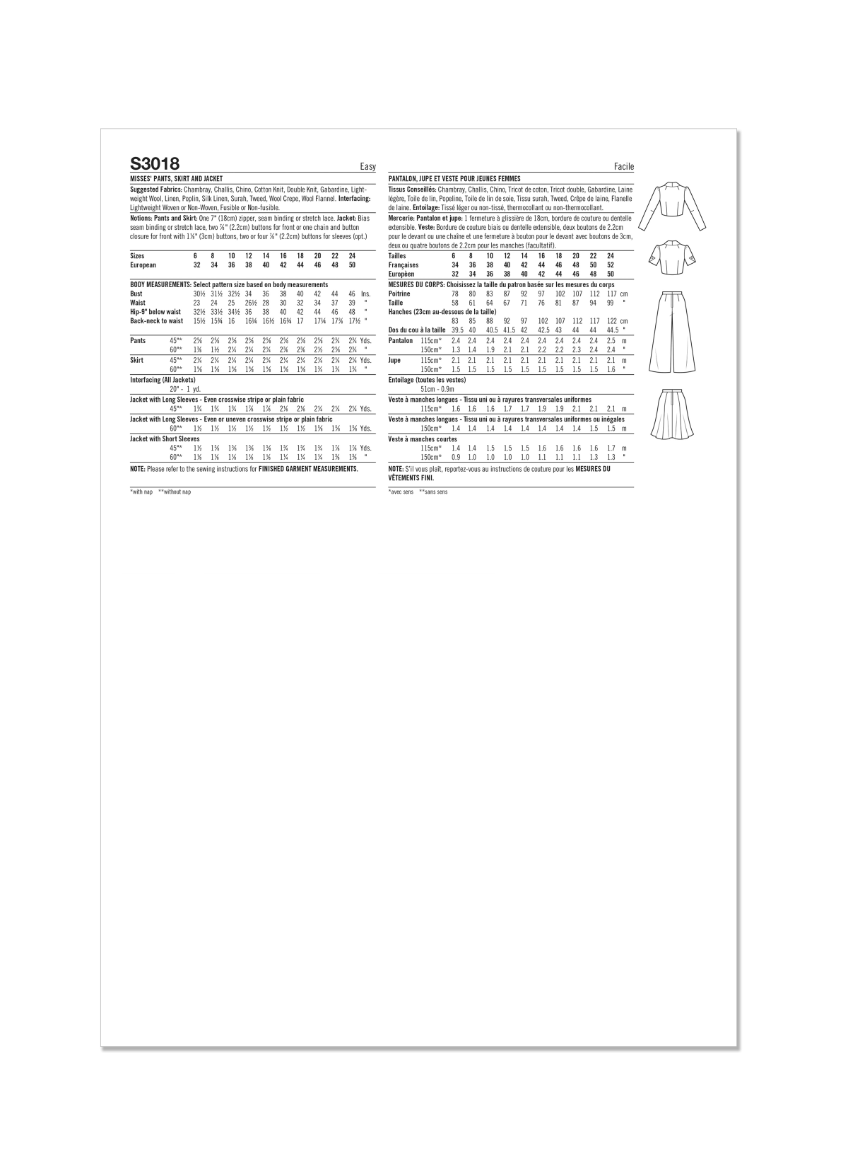 Simplicity Sewing Pattern S3018 Misses' Pants, Skirt and Jacket