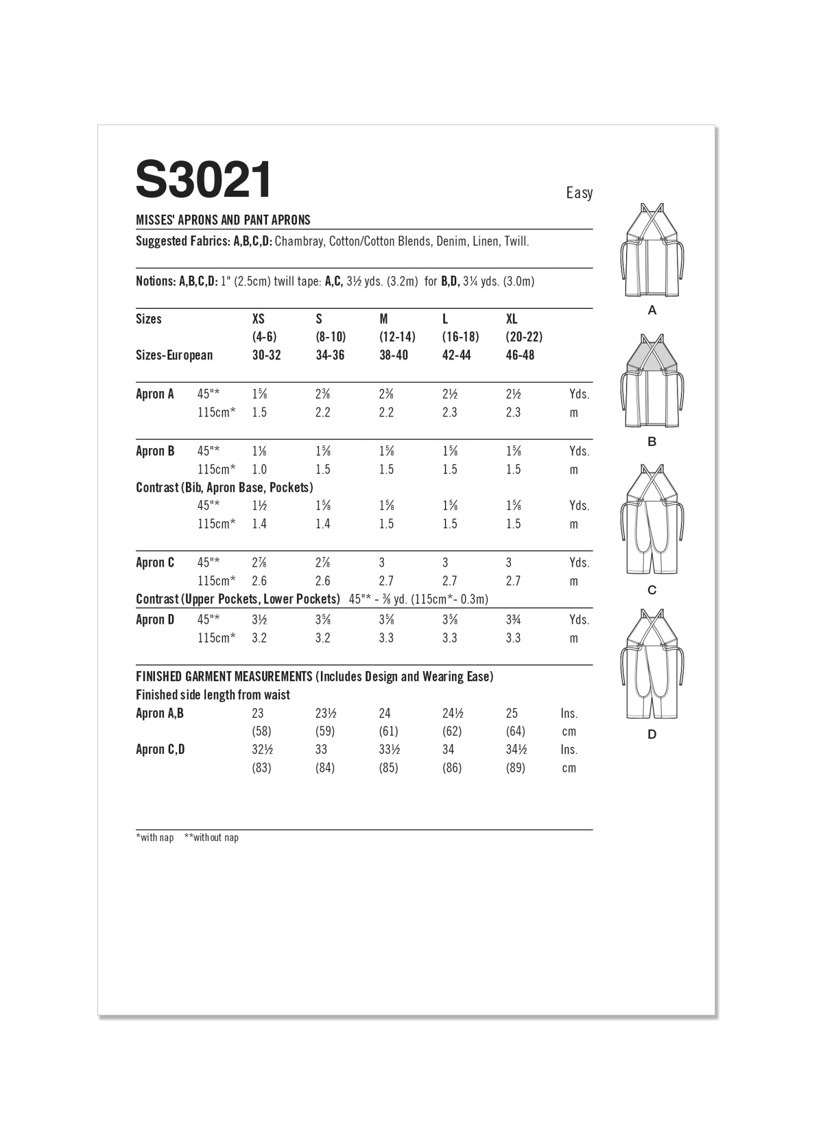 Simplicity Sewing Pattern S3021 Misses' Aprons and Pant Aprons