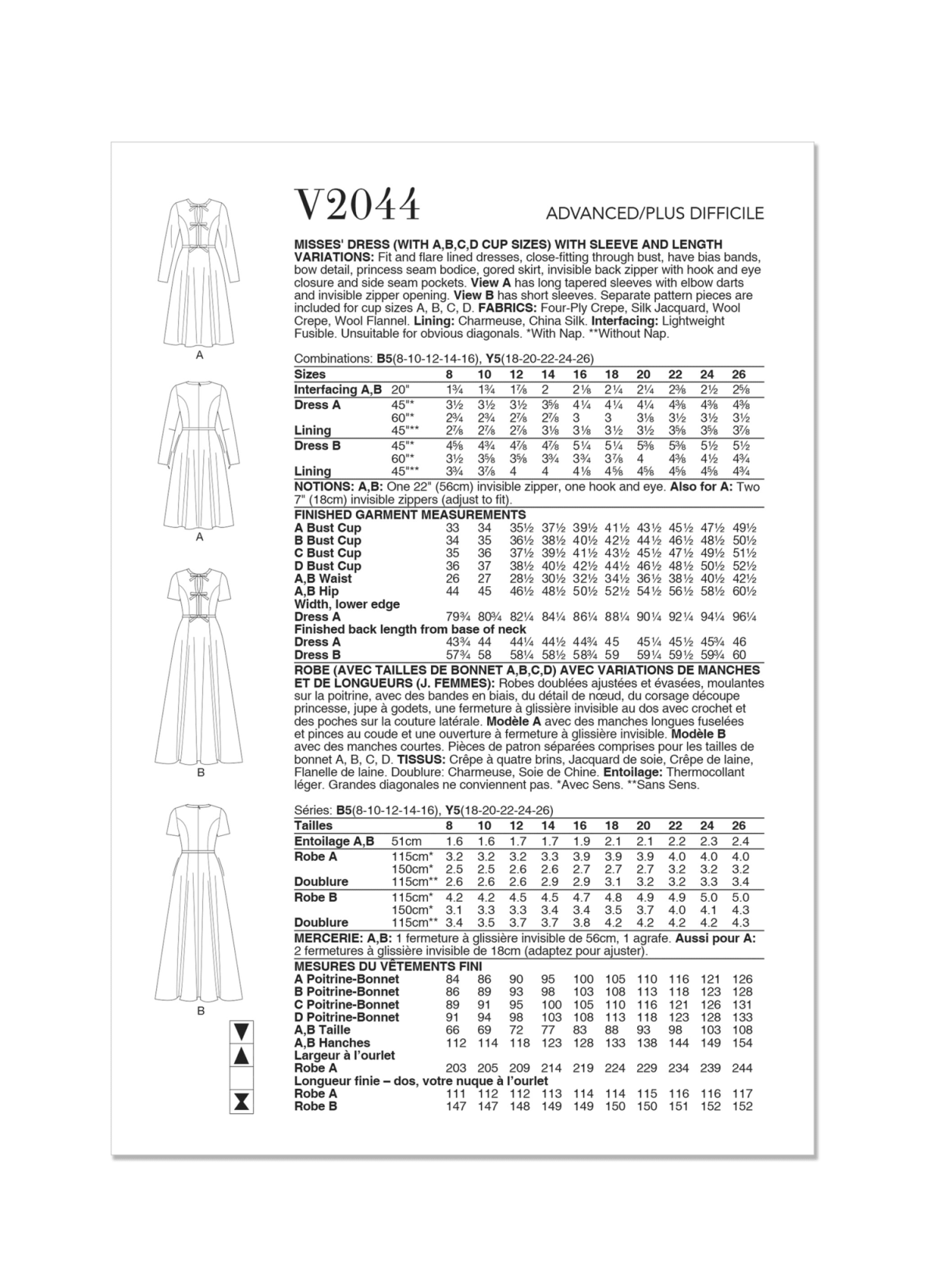 Vogue Sewing Pattern V2044 Misses' Dress with Sleeve and Length Variations