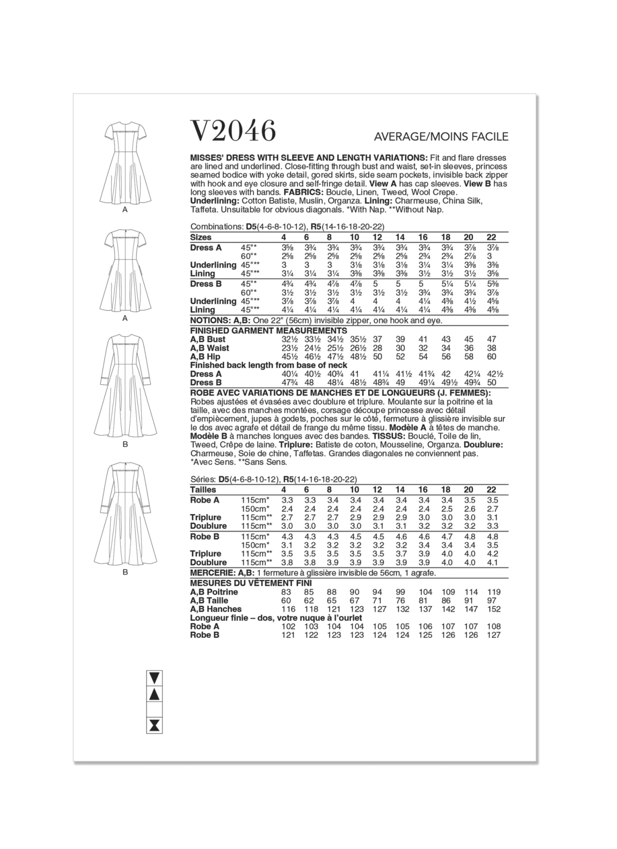 Vogue Sewing Pattern V2046 Misses' Dress with Sleeve and Length Variations