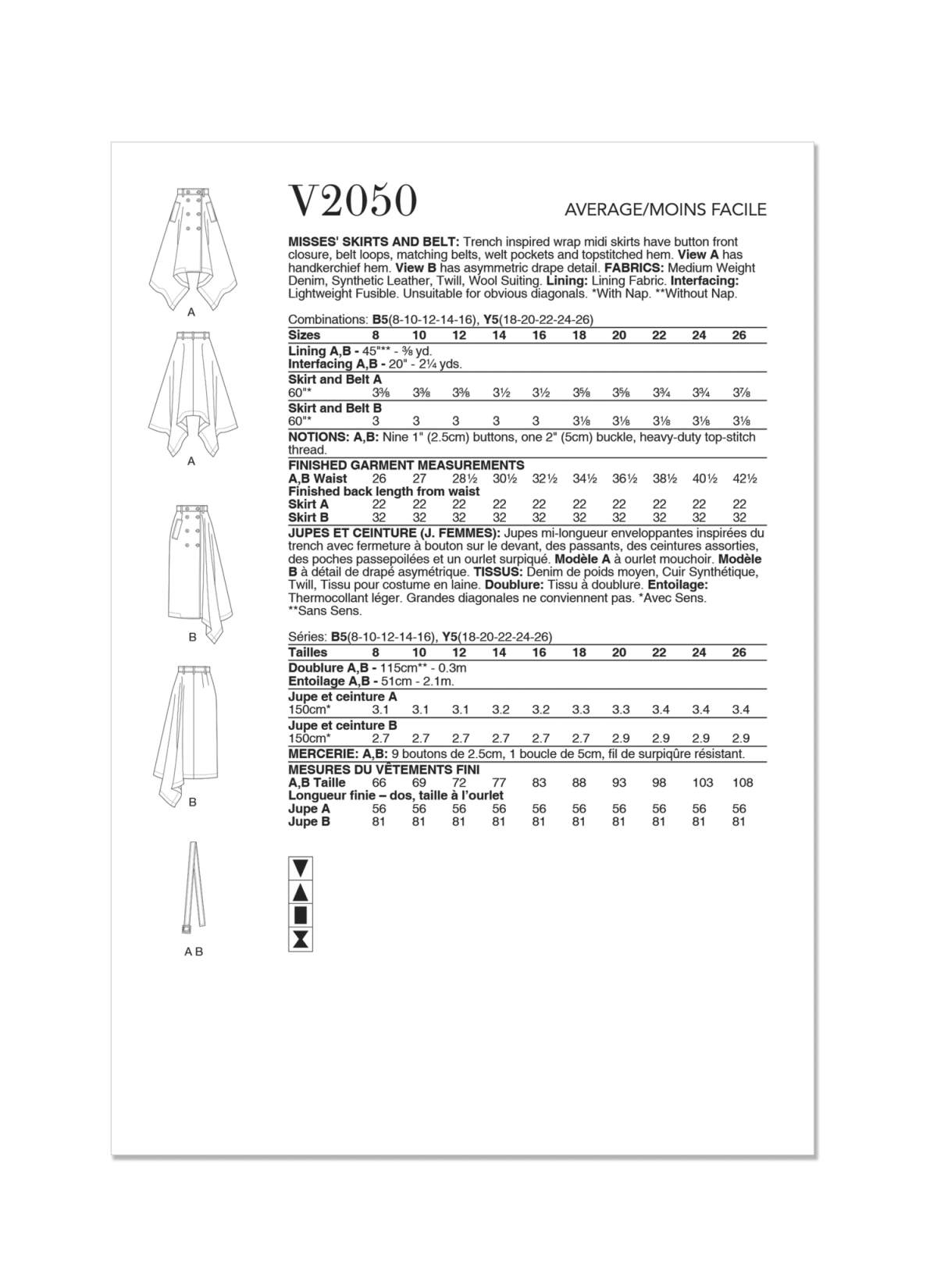 Vogue Sewing Pattern V2050 Misses' Skirts and Belt
