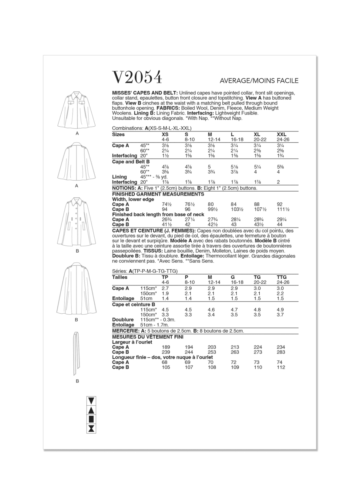 Vogue Sewing Pattern V2054 Misses' Capes and Belt
