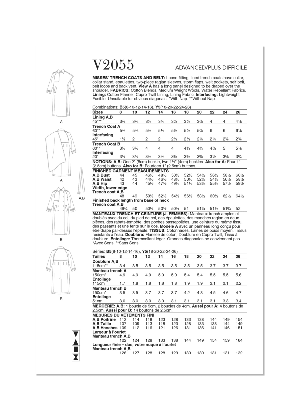 Vogue Sewing Pattern V2055 Misses' Trench Coats and Belt