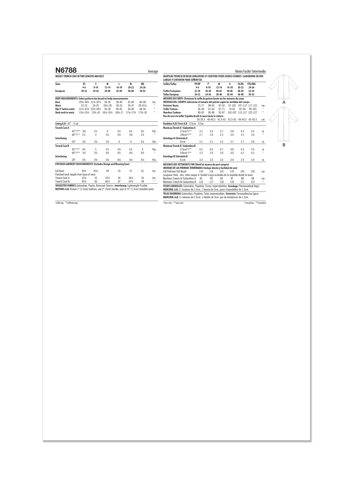 New Look Sewing Pattern N6788 Misses' Trench Coat in Two Lengths and Belt