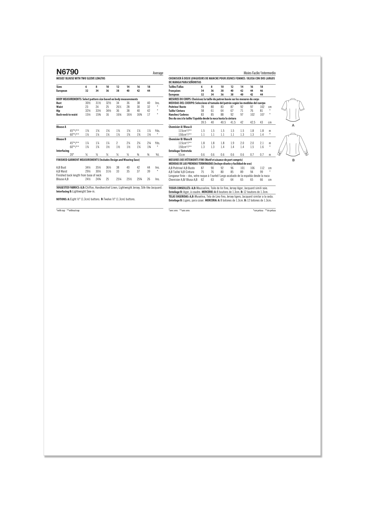 New Look Sewing Pattern N6790 Misses' Blouse with Two Sleeve Lengths