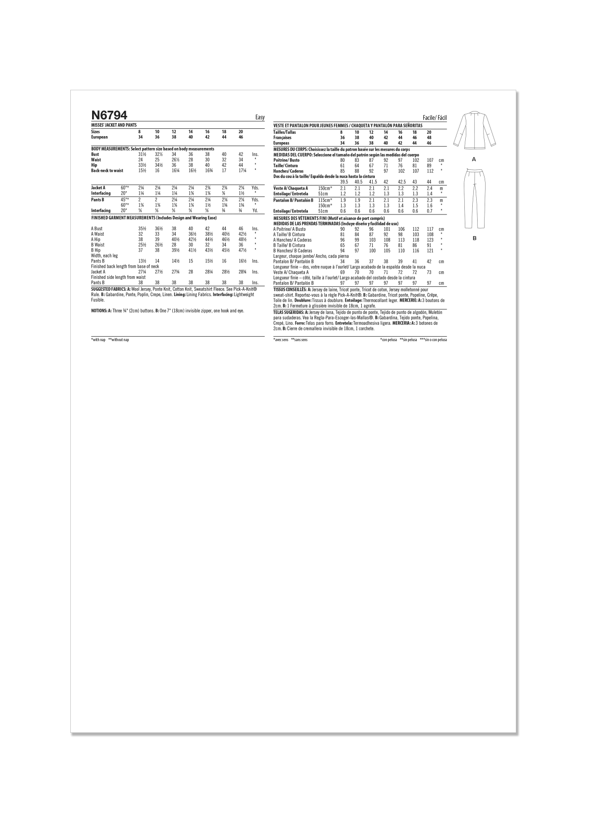 New Look Sewing Pattern N6794 Misses' Jacket and trousers