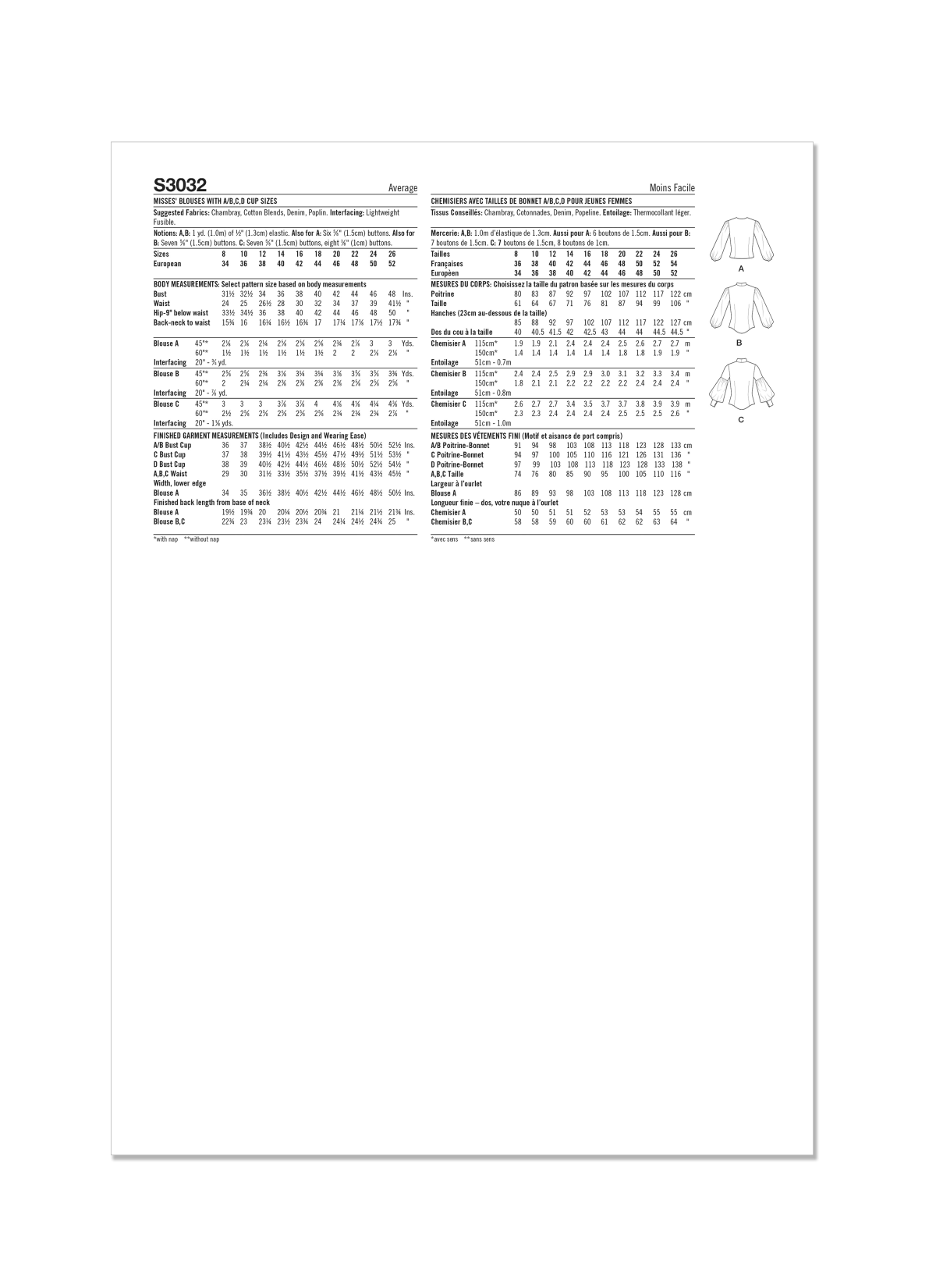 Simplicity Sewing Pattern S3032 Misses' Blouses