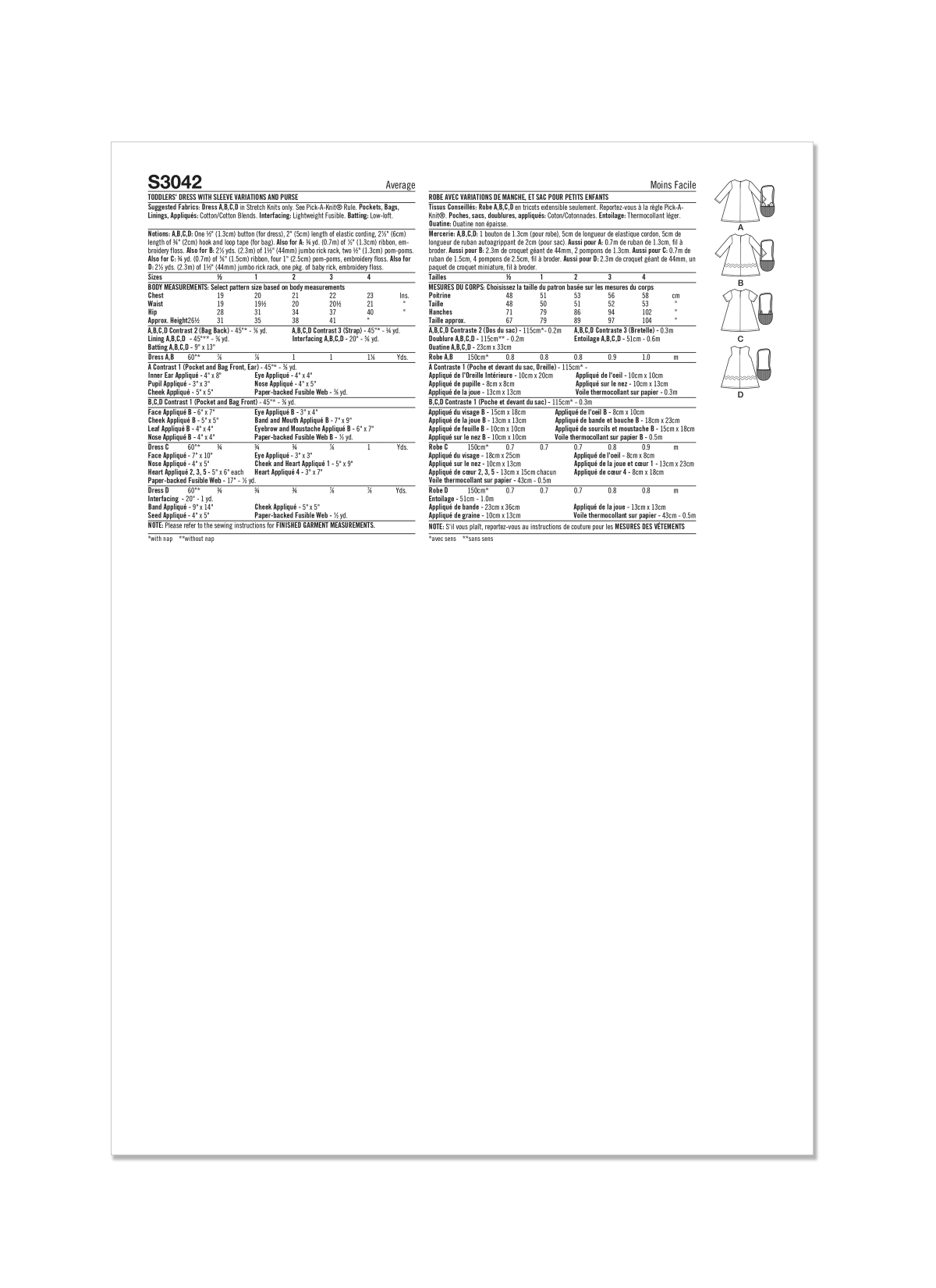 Simplicity Sewing Pattern S3042 Toddlers' Dress with Sleeve Variations and Purse by Sew Sweet Chic by Susan Cousineau