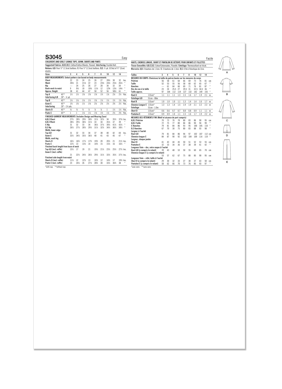Simplicity Sewing Pattern S3045 Children's and Girls' Lounge Tops, Gown, Shorts and Pants