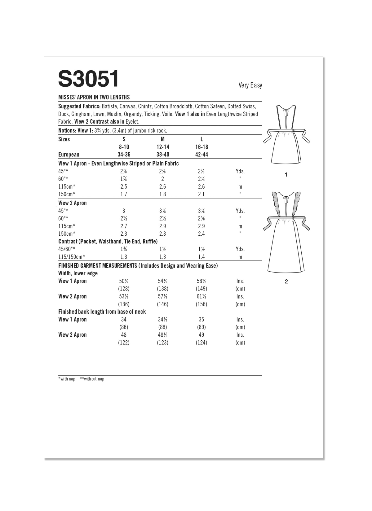 Simplicity Sewing Pattern S3051 Misses' Apron in Two Lengths
