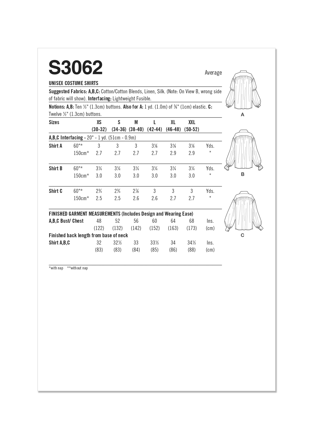 Simplicity Sewing Pattern S3062 Unisex Costume Shirts by Scissor IMP Workshop