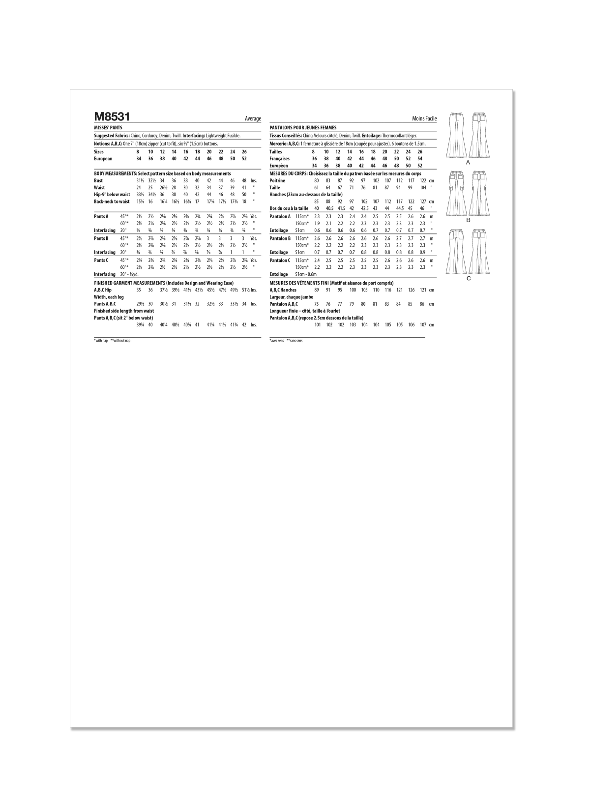 McCall's Sewing Pattern M8531 Misses' Pants