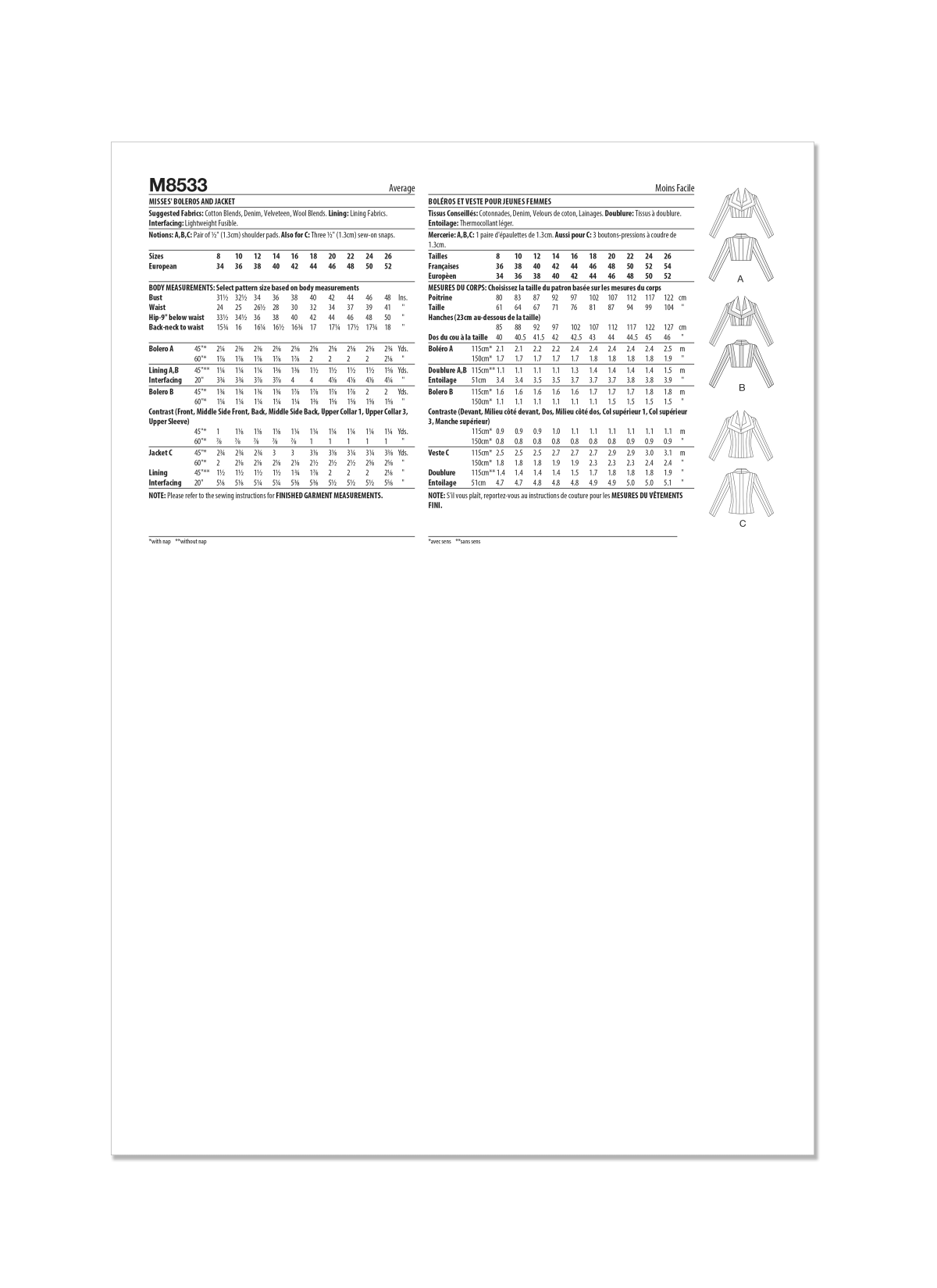 McCall's Sewing Pattern M8533 Misses' Boleros and Jacket