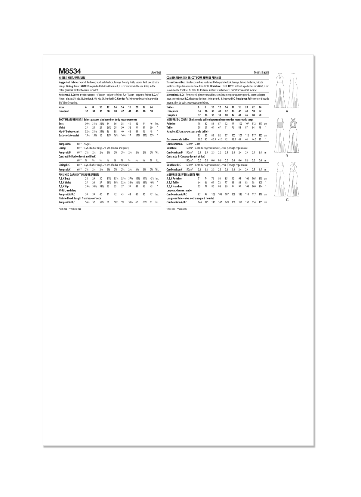 McCall's Sewing Pattern M8534 Misses' Knit Jumpsuits