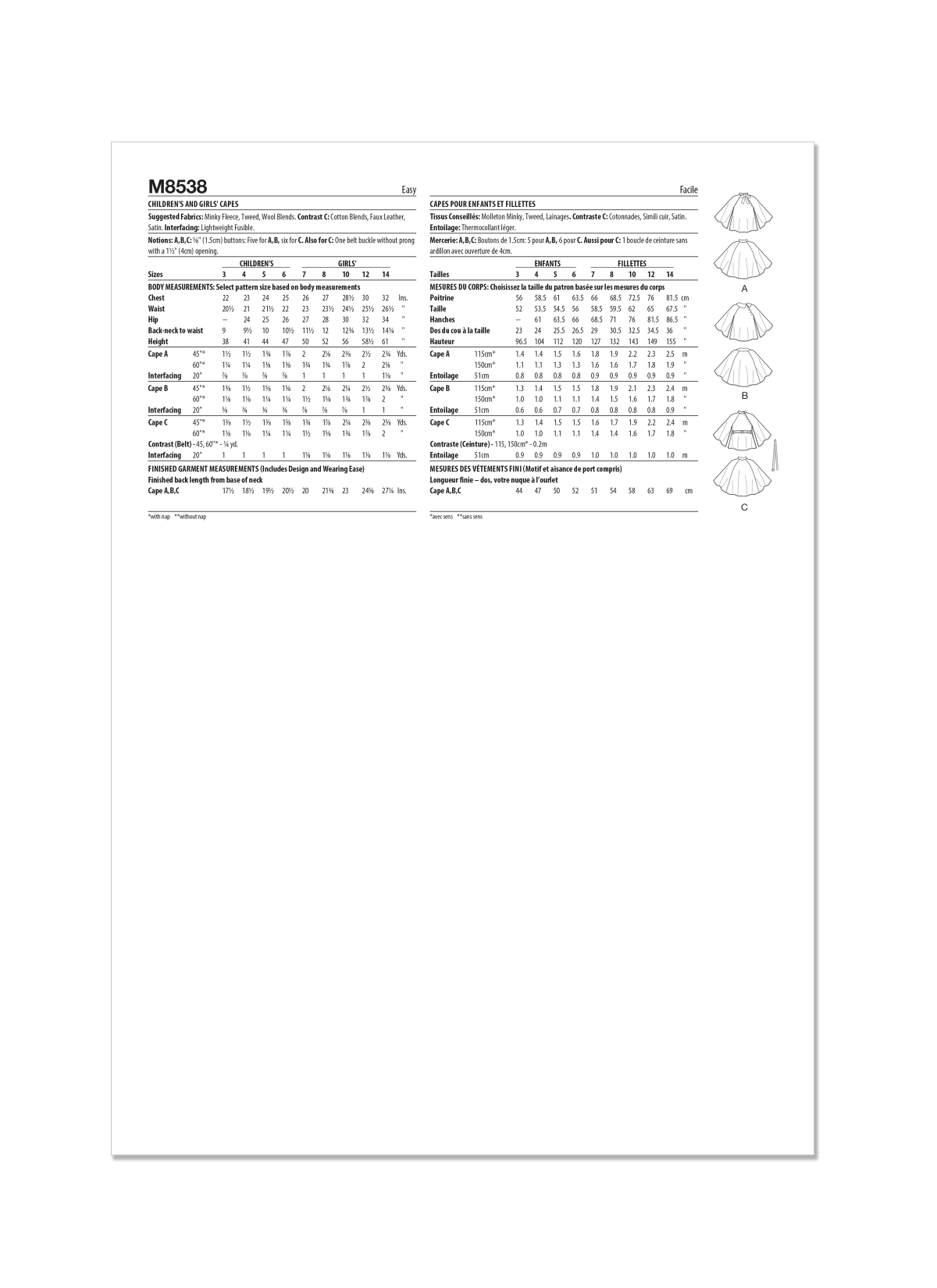 McCall's Sewing Pattern M8538 Children's and Girls' Capes