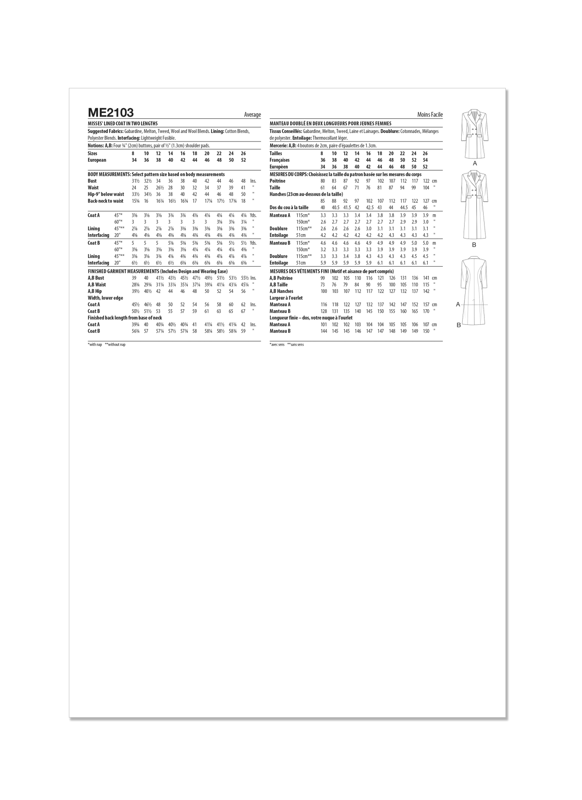 Know Me Sewing Pattern ME2103 Misses' Lined Coat in Two Lengths by Beaute' J'Adore