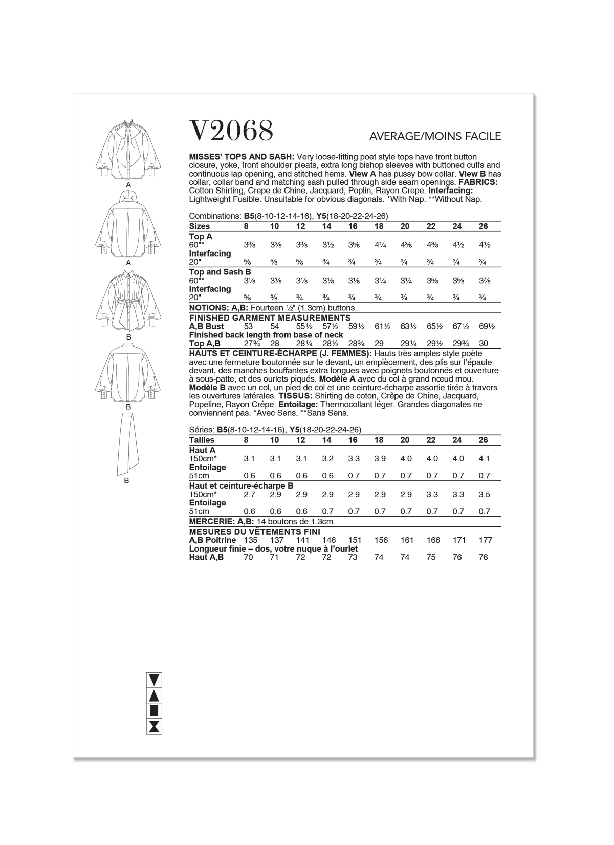 Vogue Sewing Pattern V2068 Misses' Tops and Sash