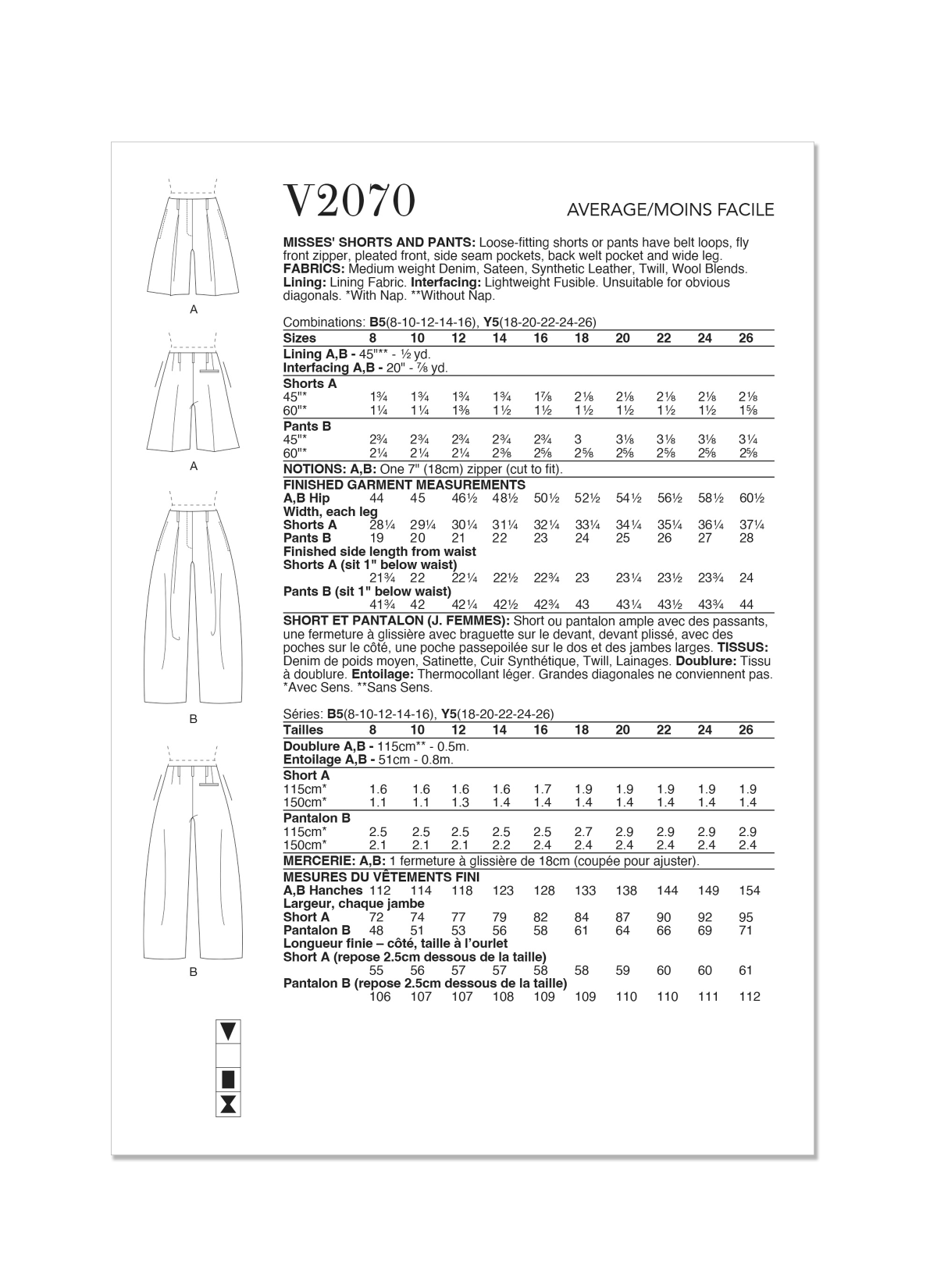 Vogue Sewing Pattern V2070 Misses' Shorts and Pants