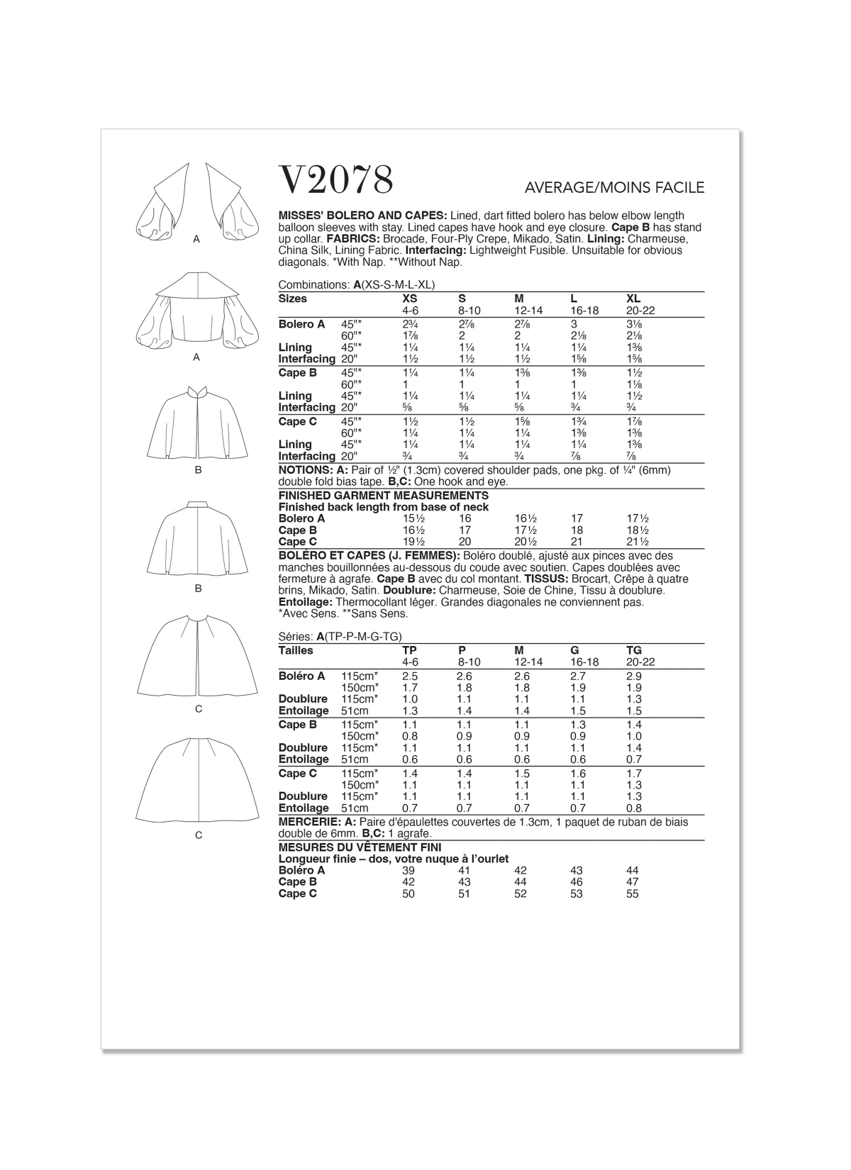 Vogue Sewing Pattern V2078 Misses' Bolero and Capes