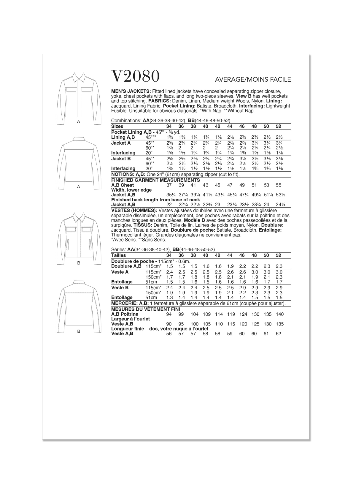 Vogue Sewing Pattern V2080 Men's Jackets
