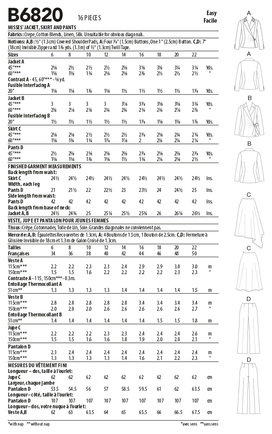 Butterick Sewing Pattern B6820 Misses' Jacket, Skirt & Trousers