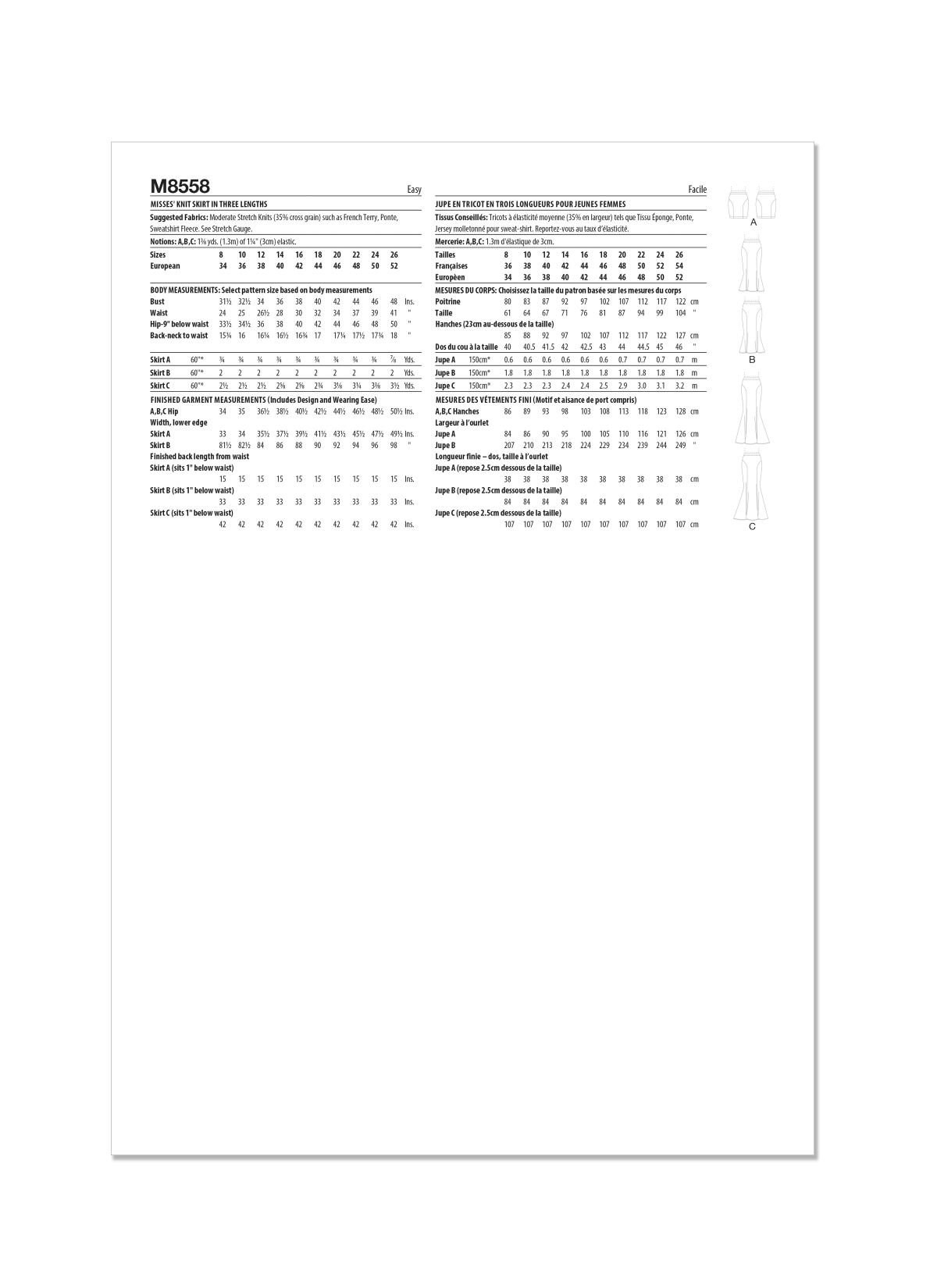 McCall's Sewing Pattern M8558 Misses' Knit Skirt in Three Lengths