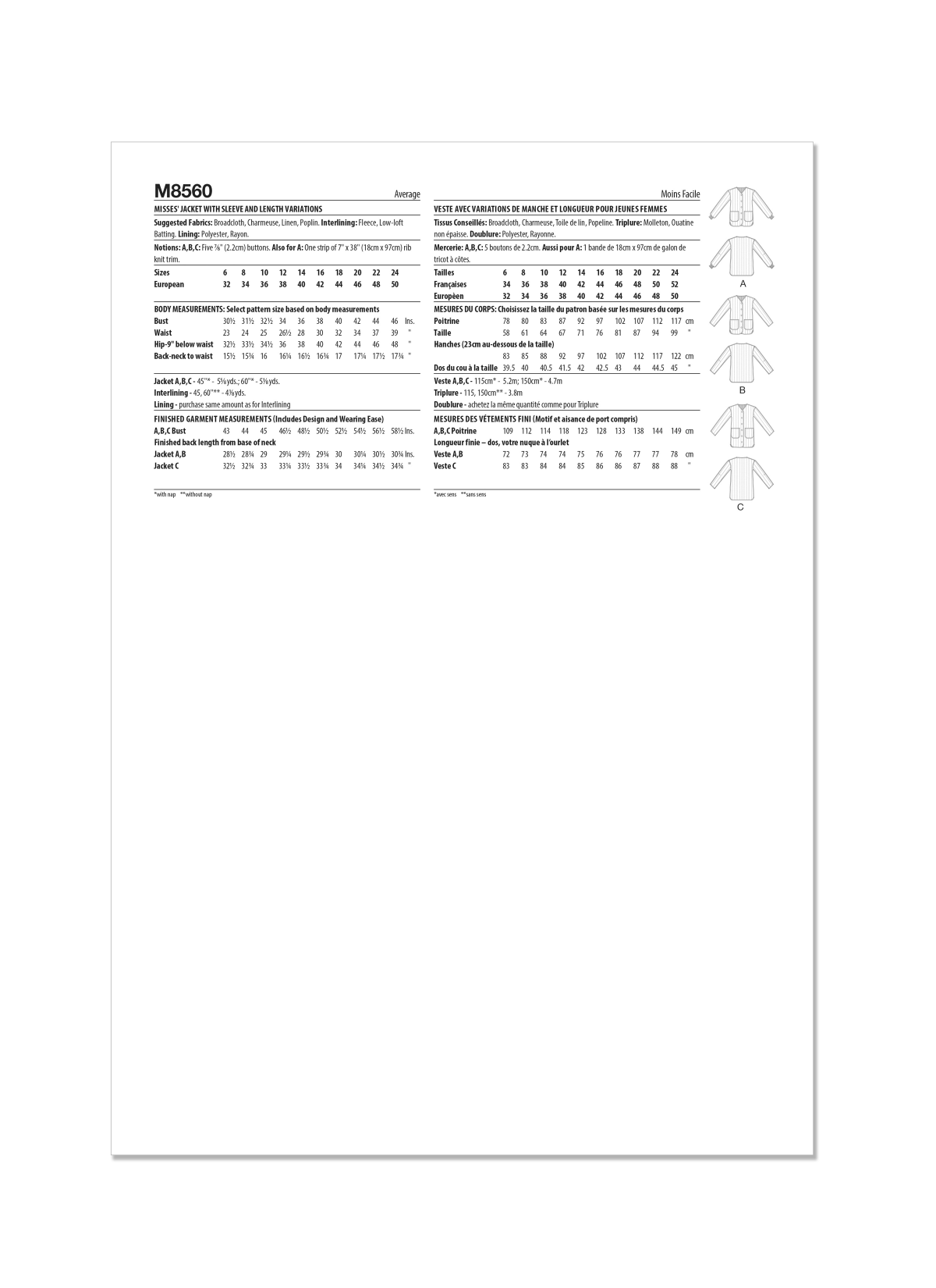McCall's Sewing Pattern M8560 Misses' Jacket with Sleeve and Length Variations