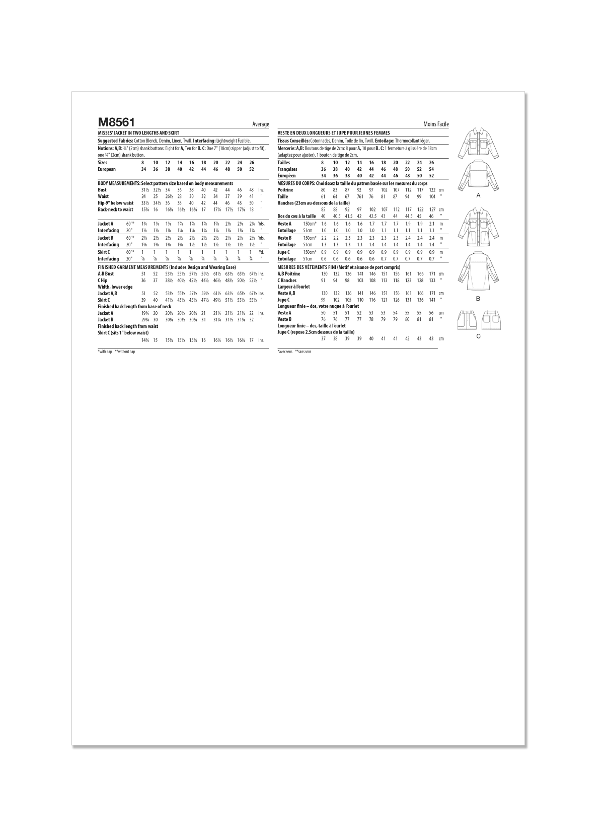 McCall's Sewing Pattern M8561 Misses' Jacket in Two Lengths and Skirt