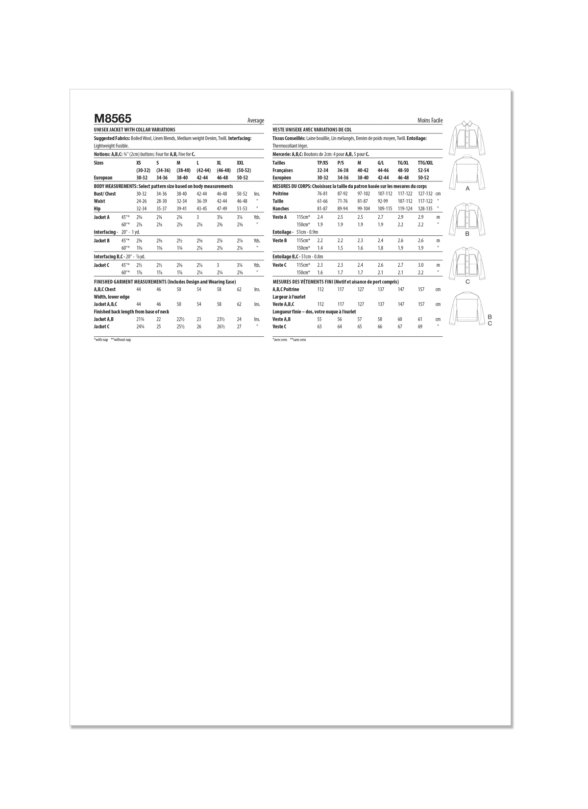 McCall's Sewing Pattern M8565 Unisex Jacket with Collar Variations