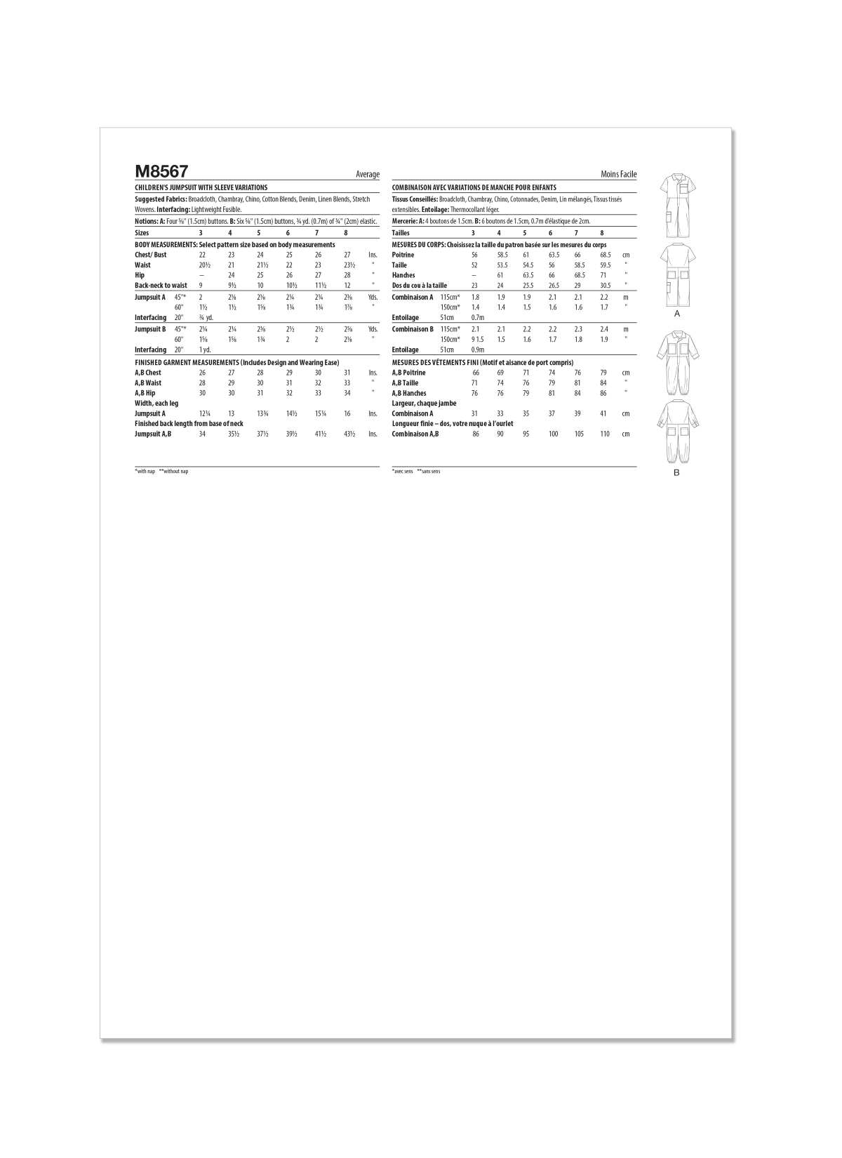 McCall's Sewing Pattern M8567 Children's Jumpsuit with Sleeve Variations