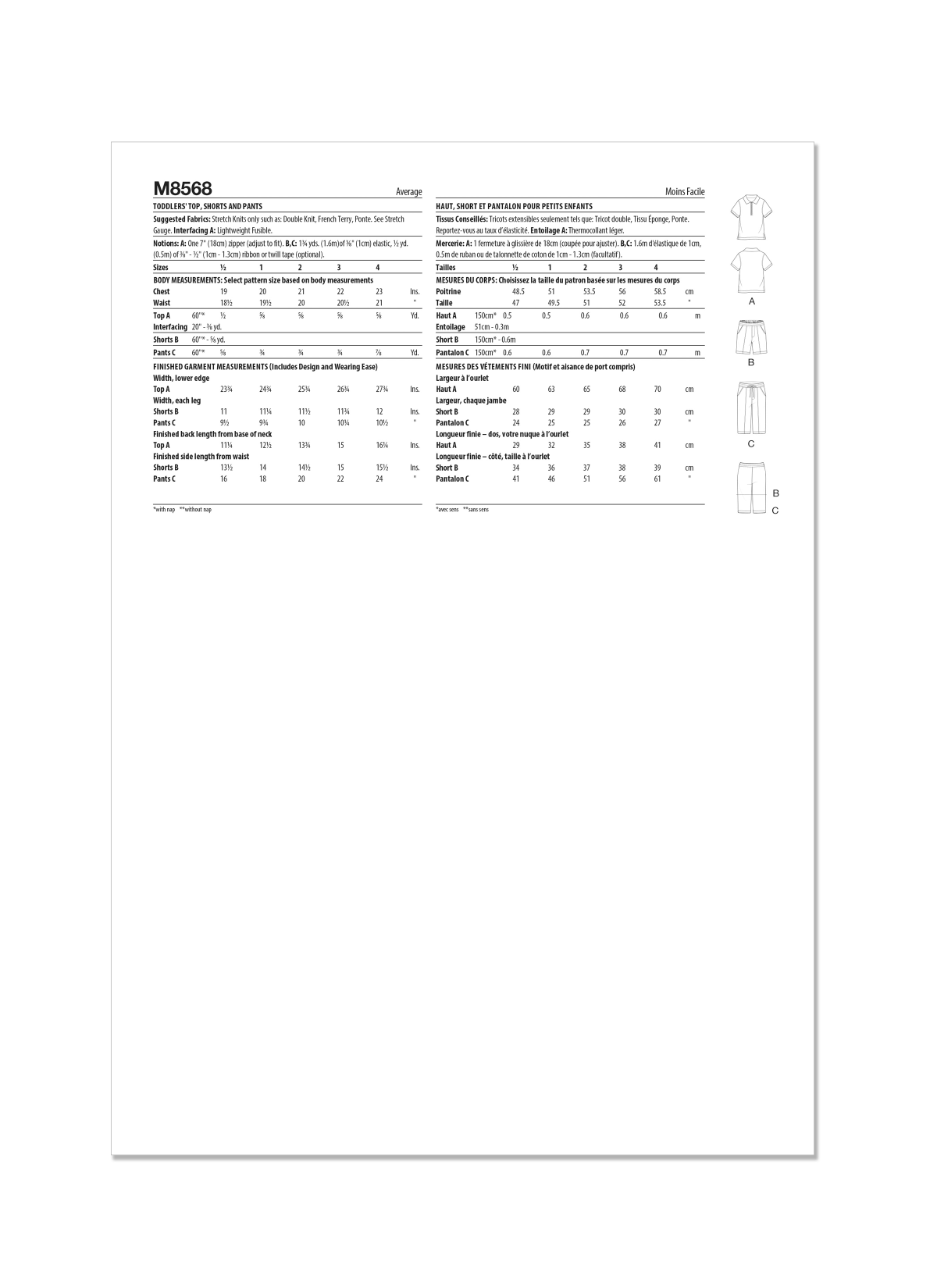 McCall's Sewing Pattern M8568 Toddlers' Top, Shorts and Trousers