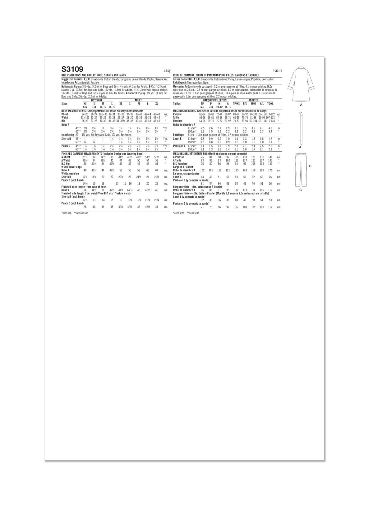 Simplicity Sewing Pattern S3109 Girls' and Boys' and Adults' Robe, Shorts and Trousers