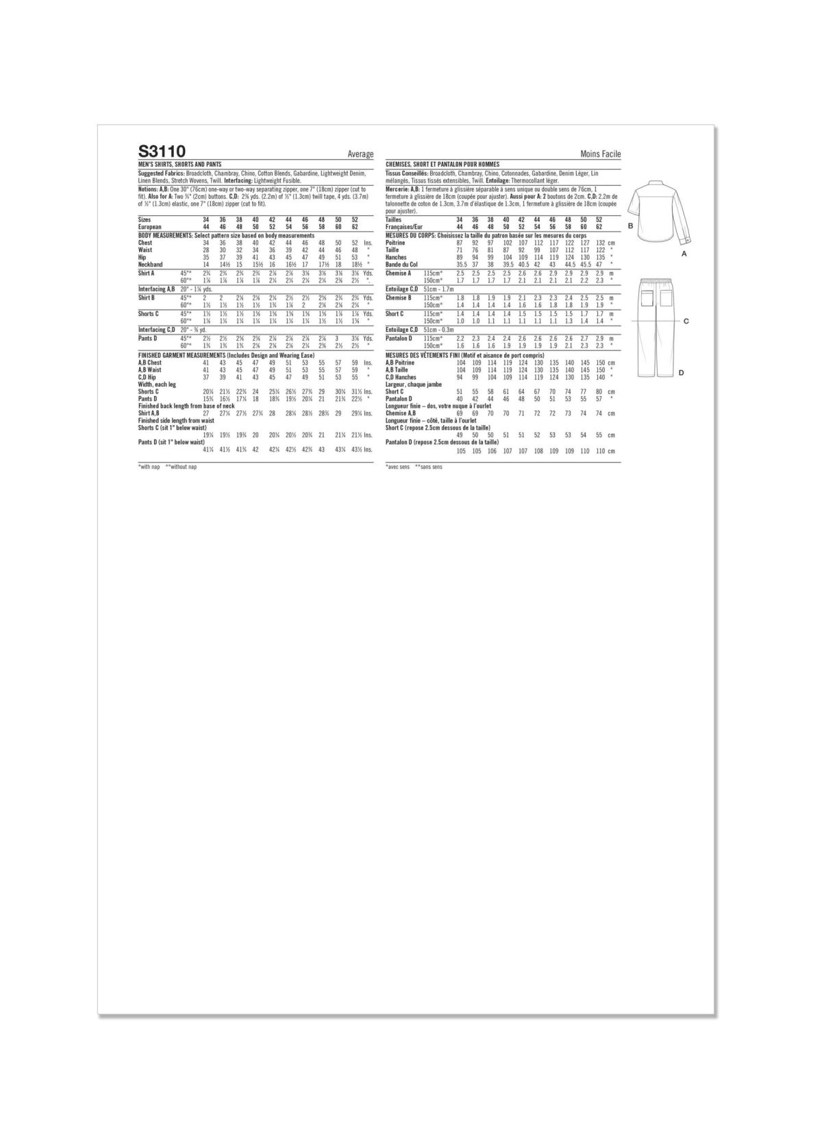 Simplicity Sewing Pattern S3110 Men's Shirts, Shorts and Trousers