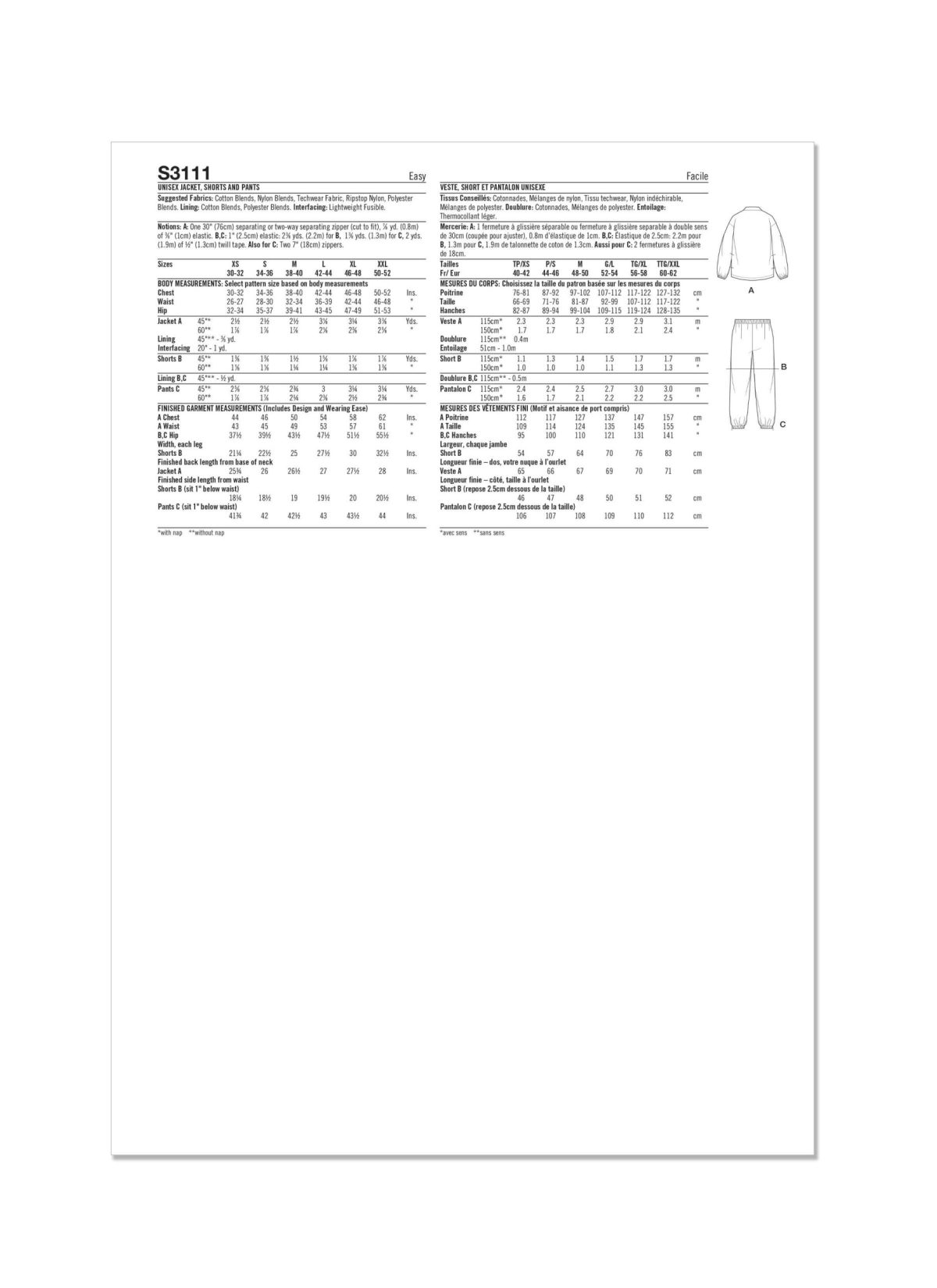 Simplicity Sewing Pattern S3111 Unisex Jacket, Shorts and Trousers