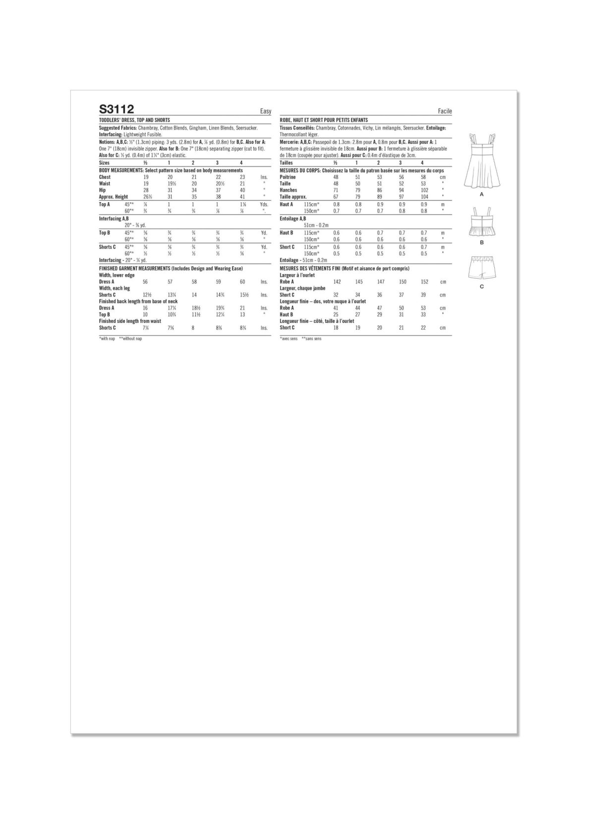 Simplicity Sewing Pattern S3112 Toddlers' Dress, Top and Shorts